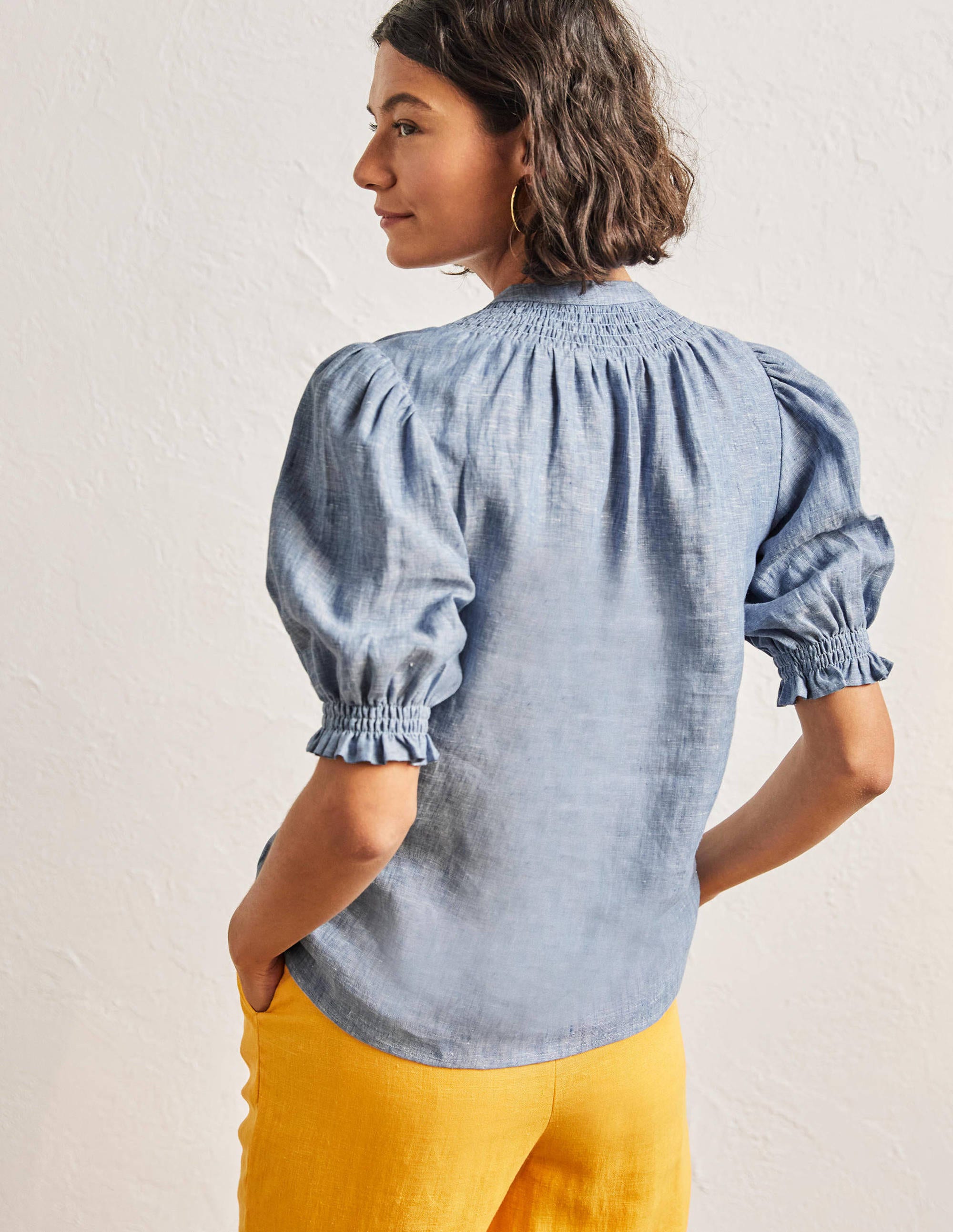 Smocked Short Sleeve Blouse-Chambray - Image 3