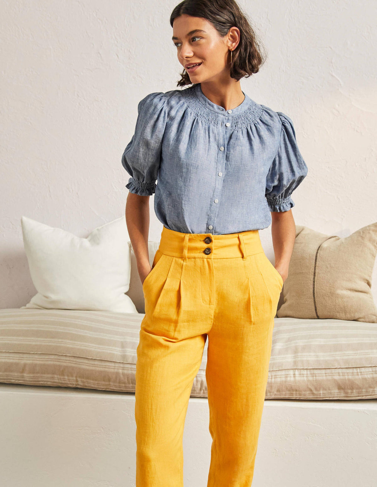 Smocked Short Sleeve Blouse-Chambray - Image 4