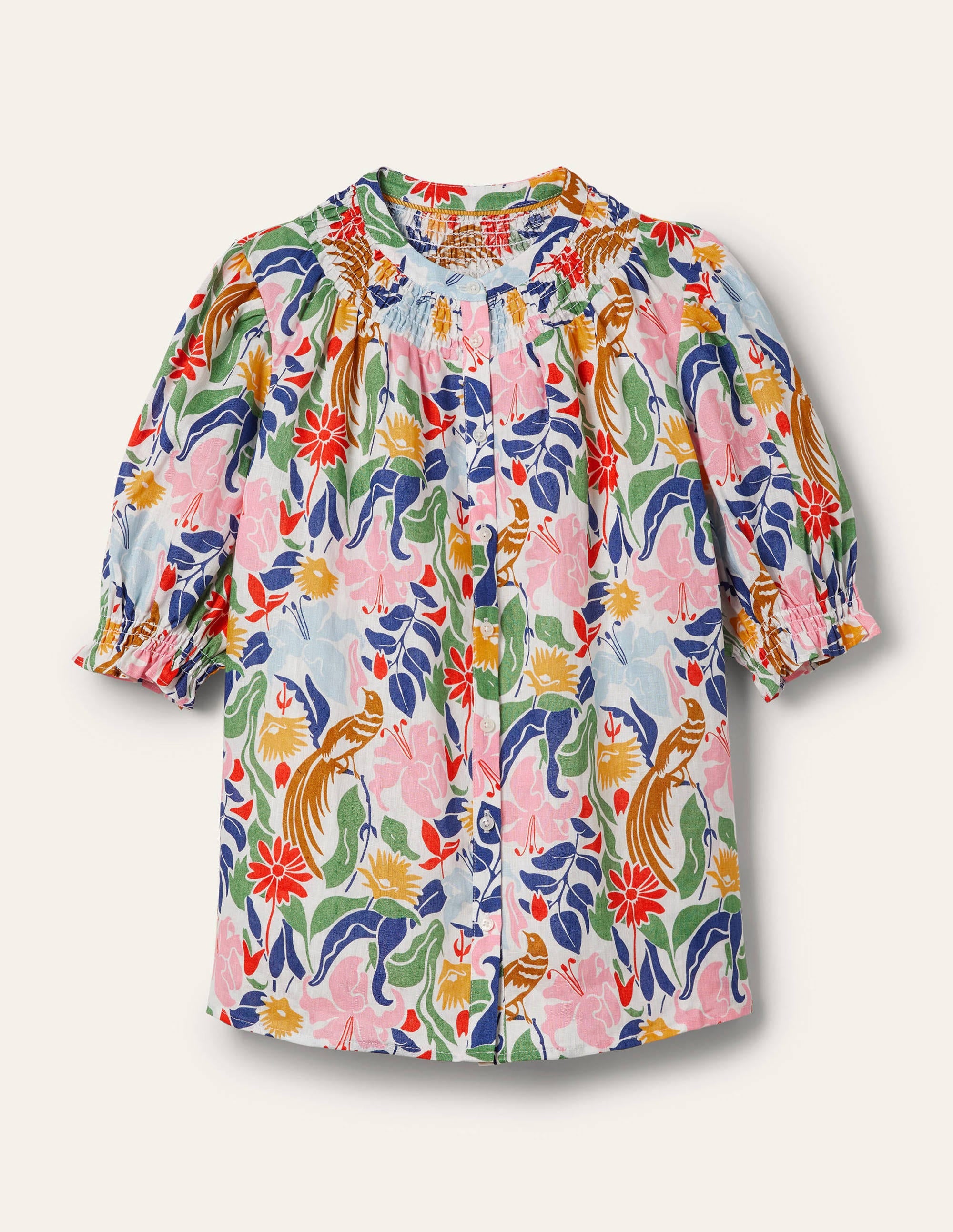 Smocked Short Sleeve Blouse-Ivory, Oriental Bird - Image 5