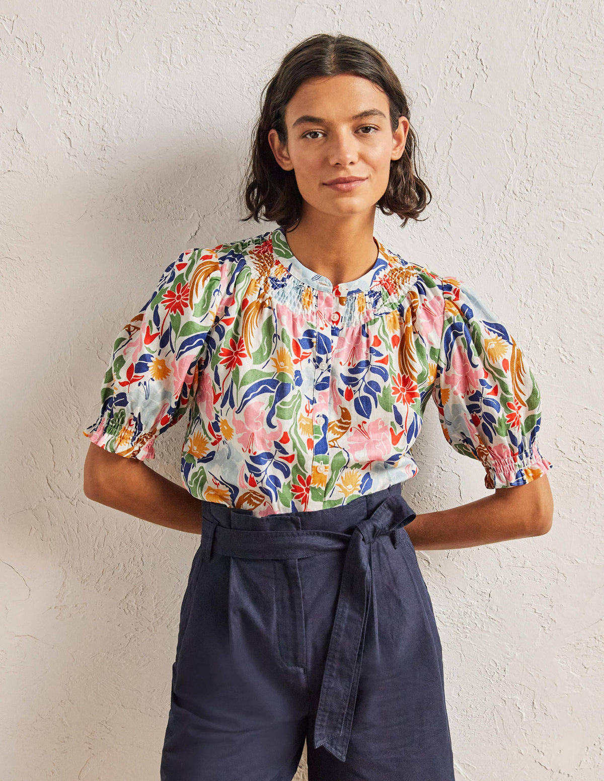 Smocked Short Sleeve Blouse-Ivory, Oriental Bird-1