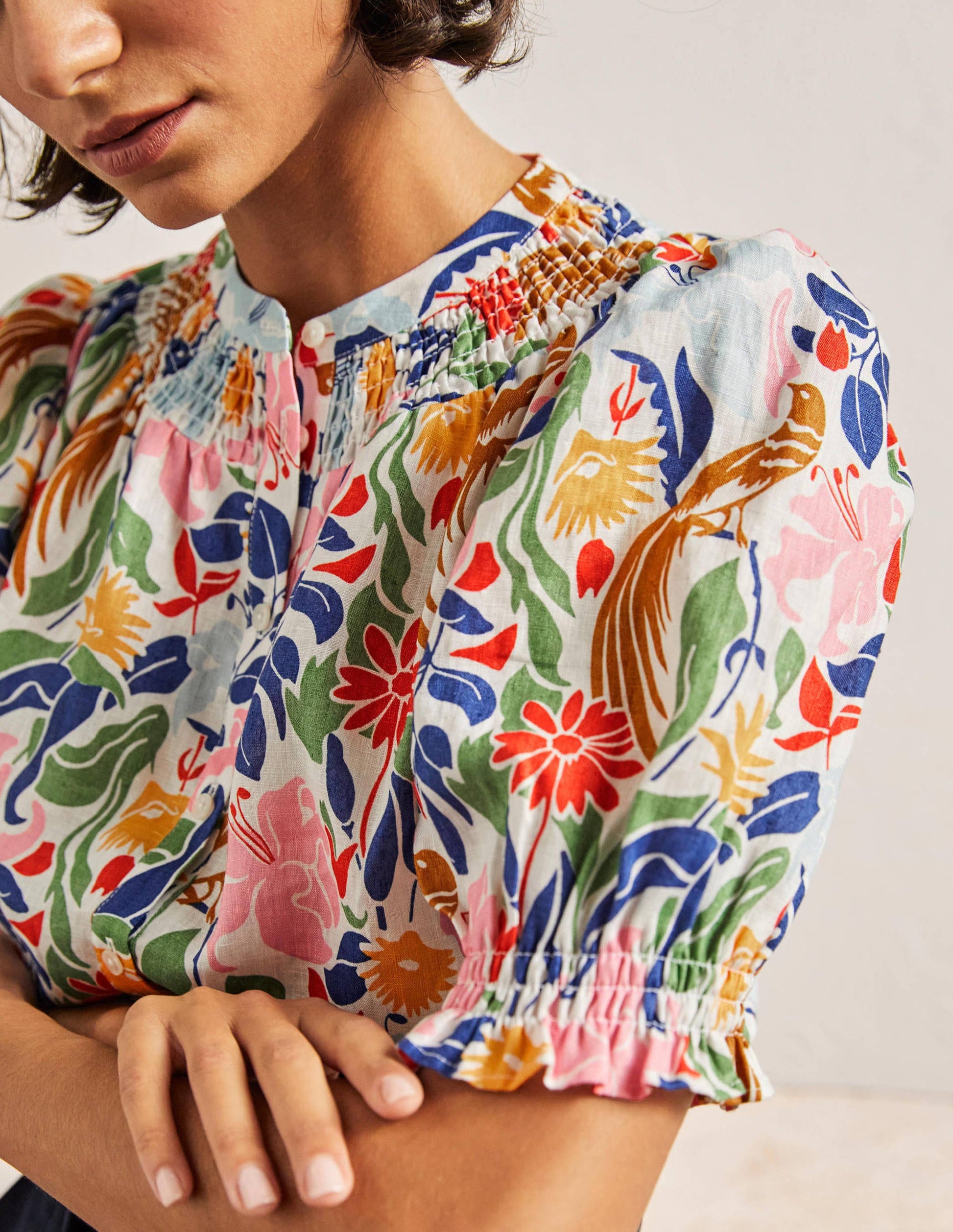 Smocked Short Sleeve Blouse-Ivory, Oriental Bird-2