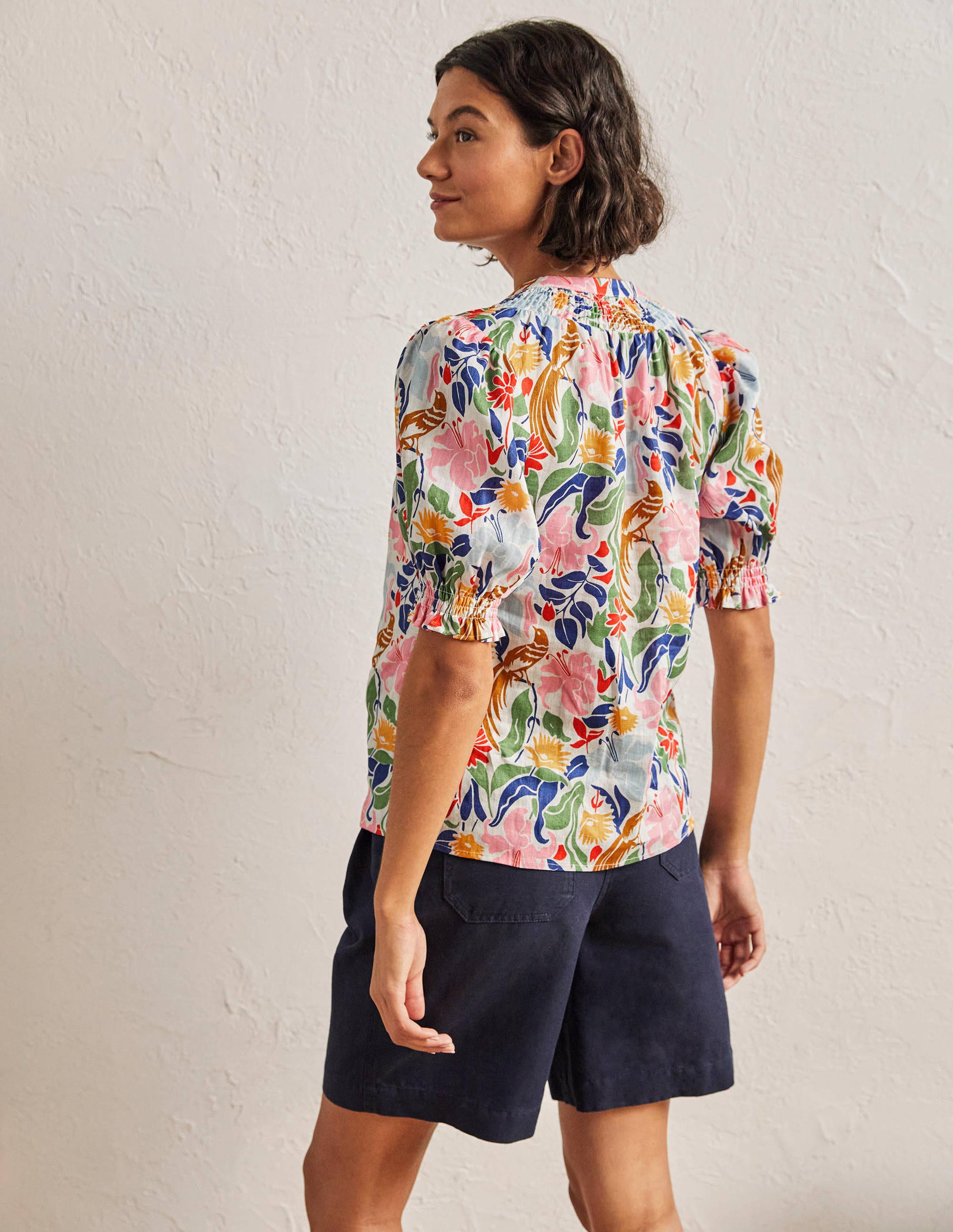 Smocked Short Sleeve Blouse-Ivory, Oriental Bird - Image 3