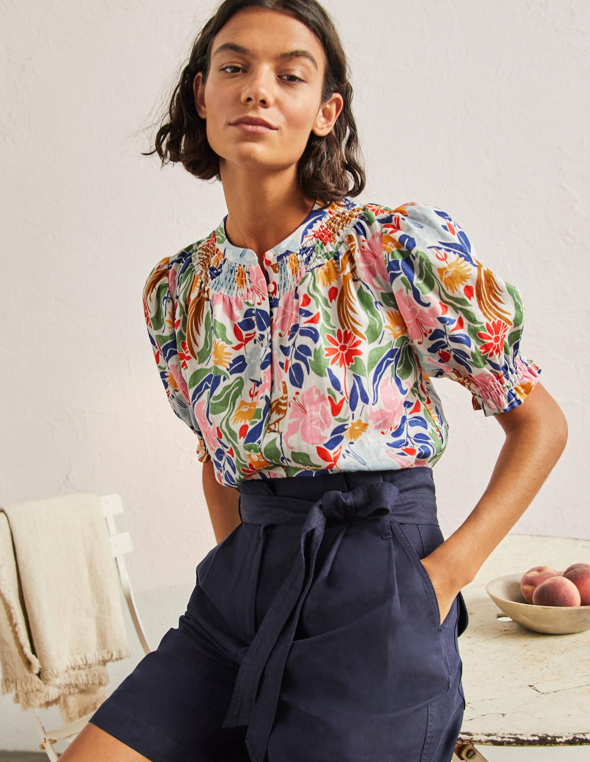 Smocked Short Sleeve Blouse-Ivory, Oriental Bird-4