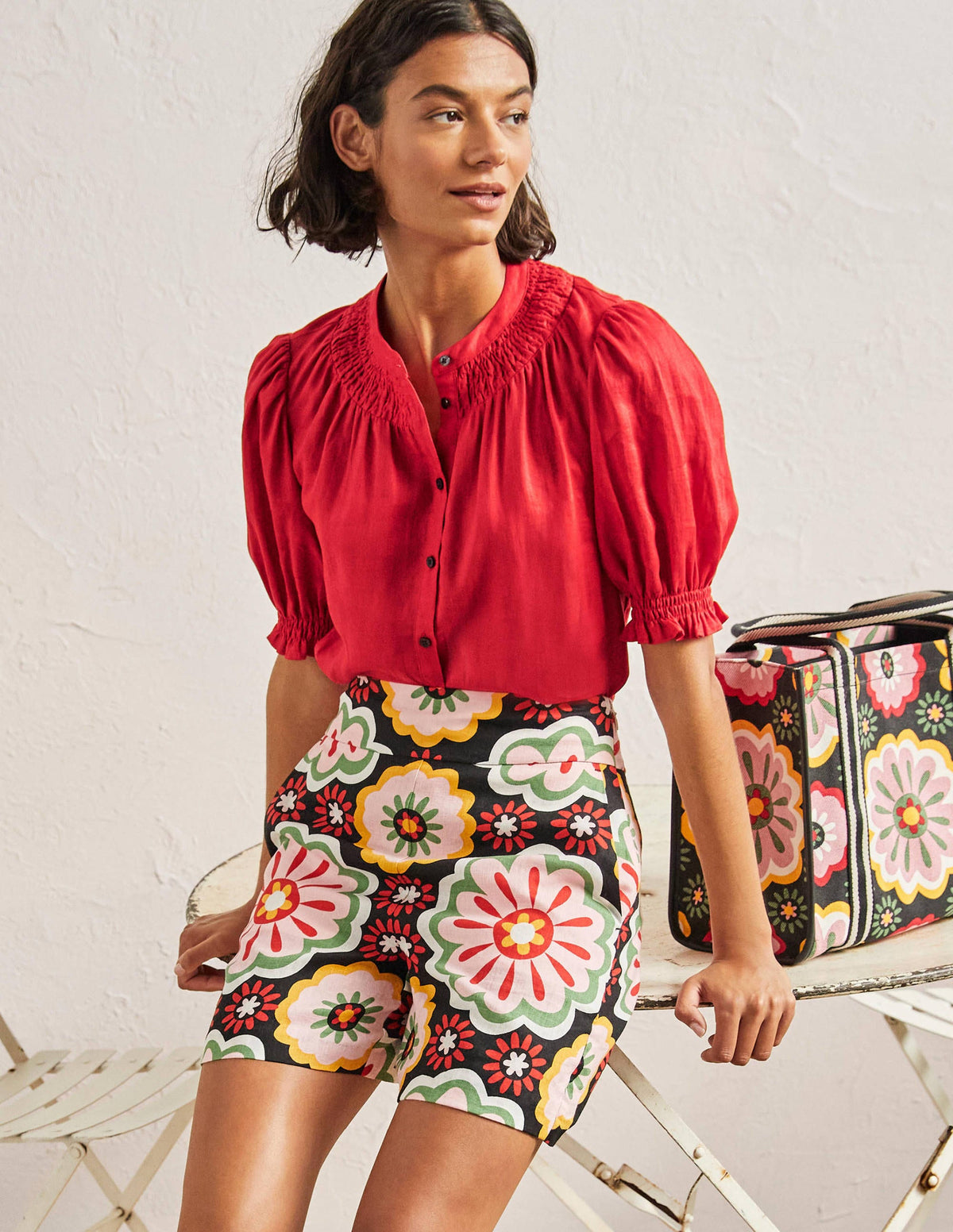 Smocked Short Sleeve Blouse-Red - Image 1