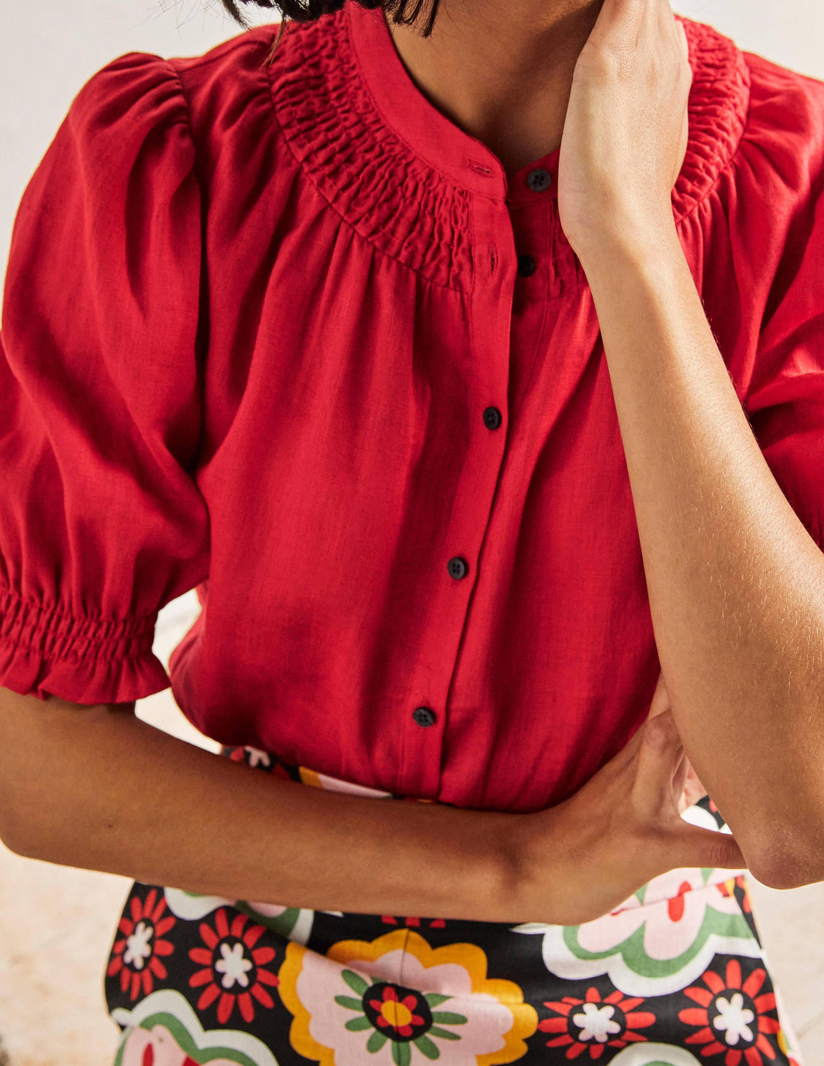 Smocked Short Sleeve Blouse-Red-2