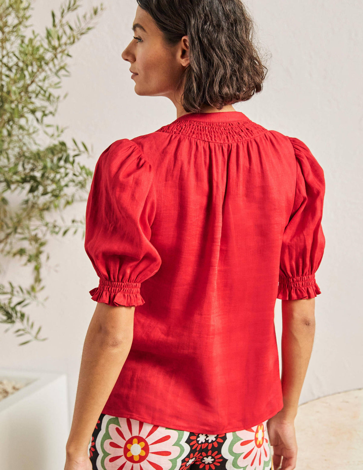Smocked Short Sleeve Blouse-Red - Image 3