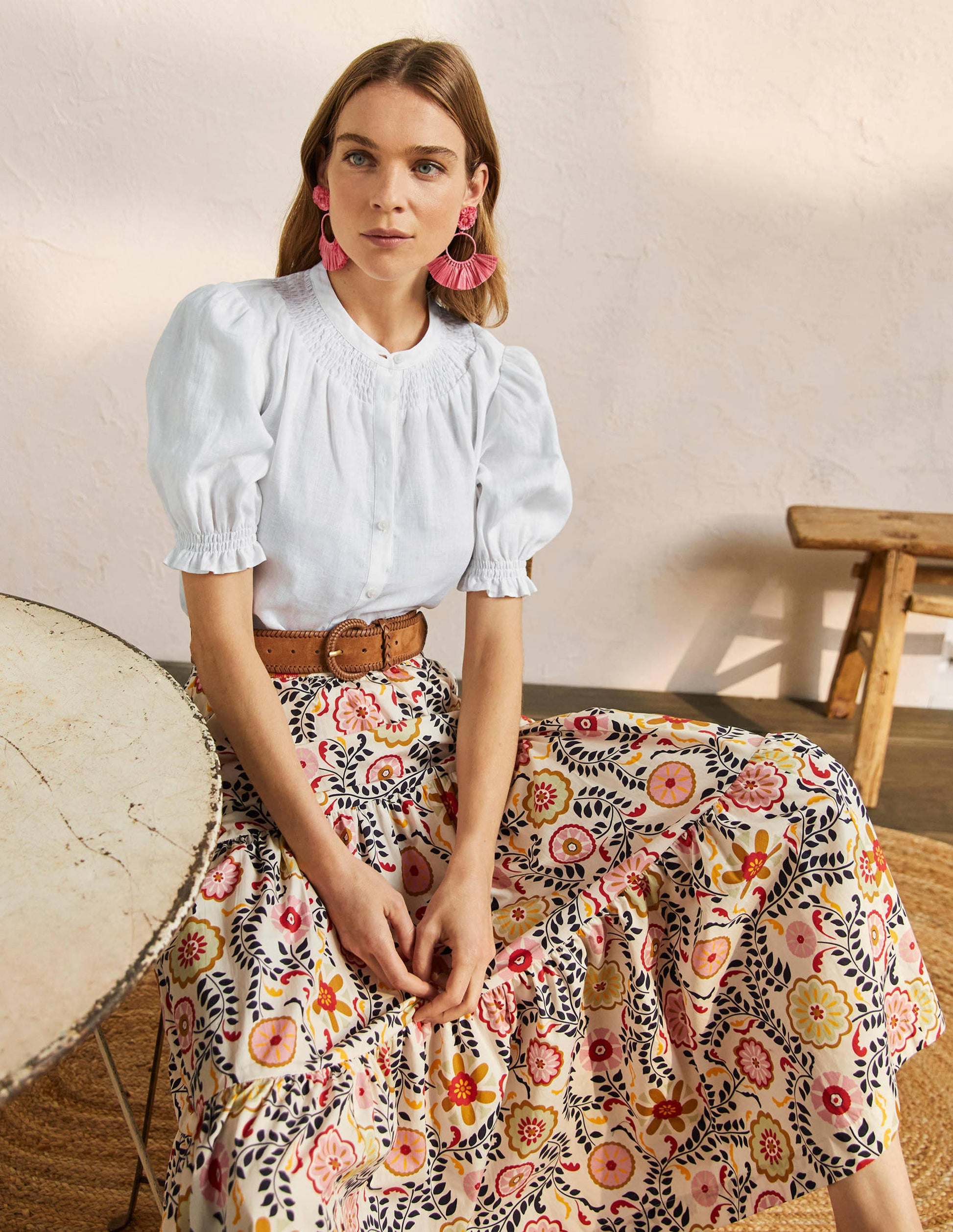 Smocked Short Sleeve Blouse-White-1