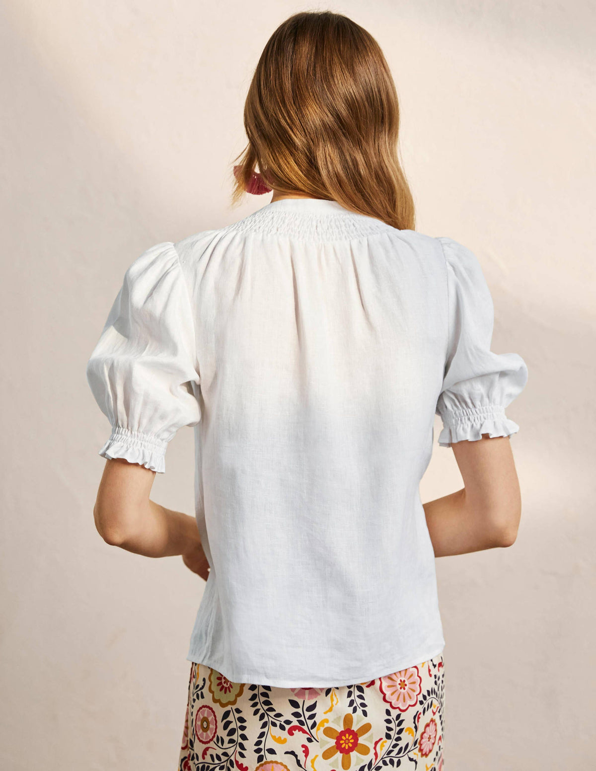 Smocked Short Sleeve Blouse-White-3