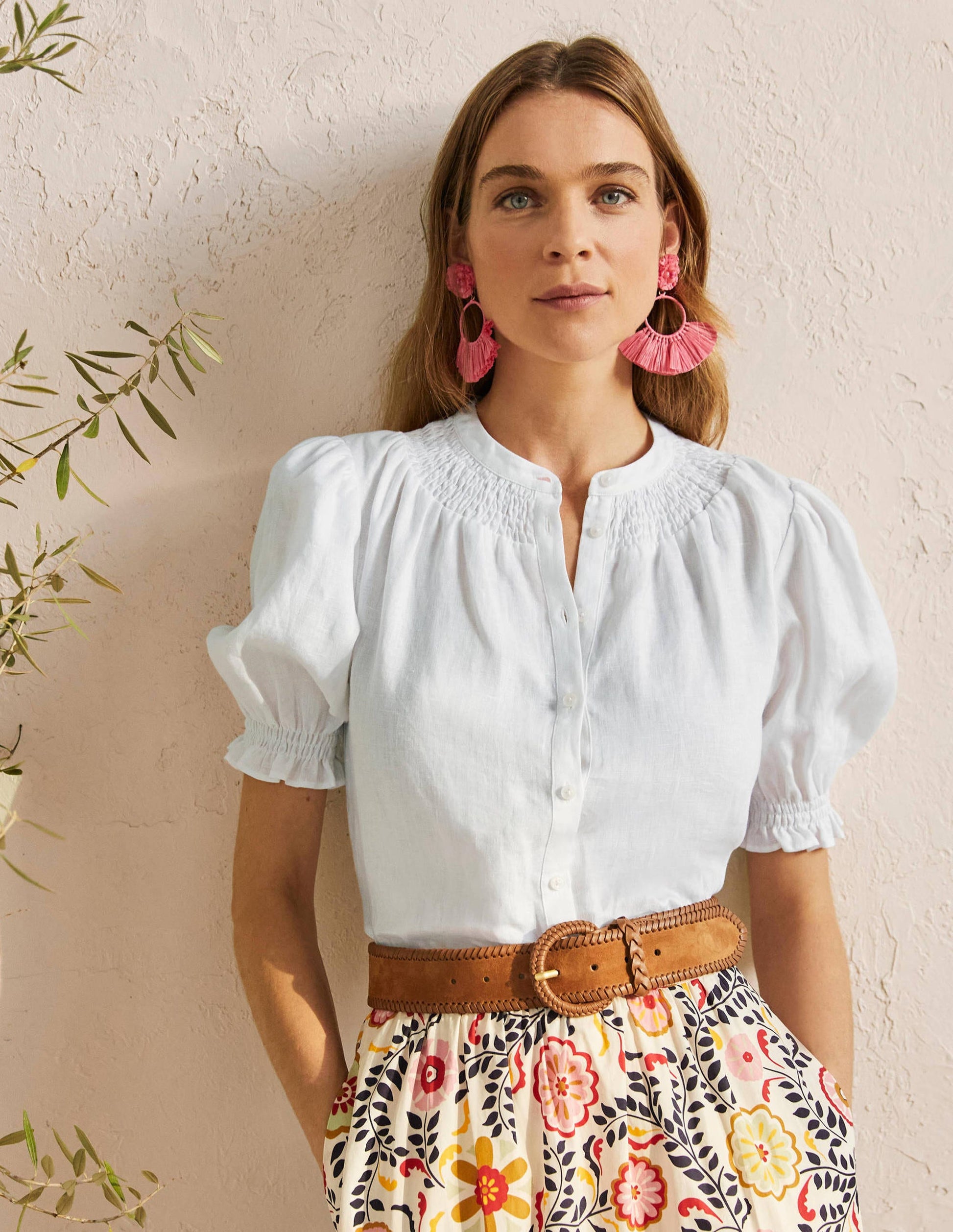 Smocked Short Sleeve Blouse-White-4