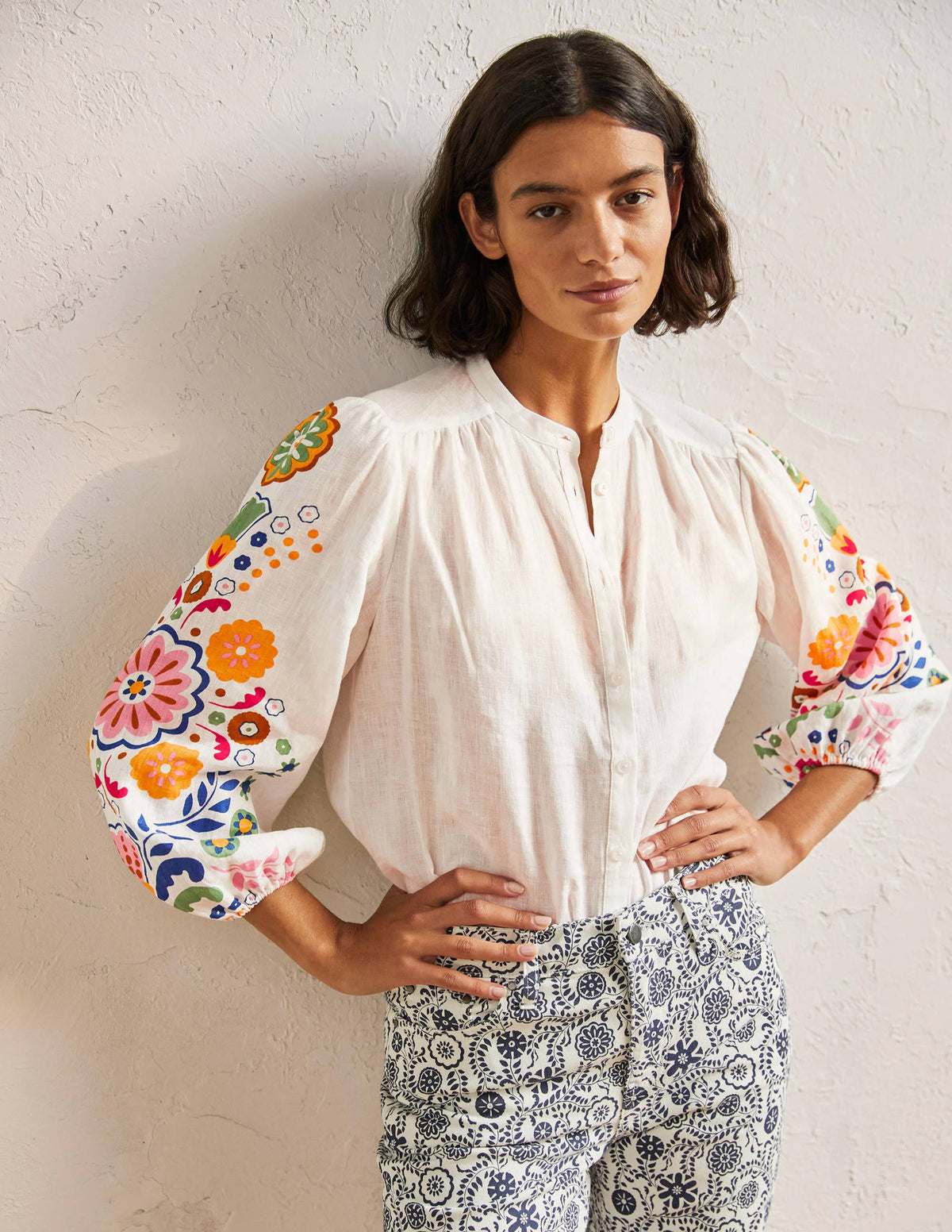 Becky Full Sleeve Linen Blouse-Ivory, Opulent Garden - Image 1