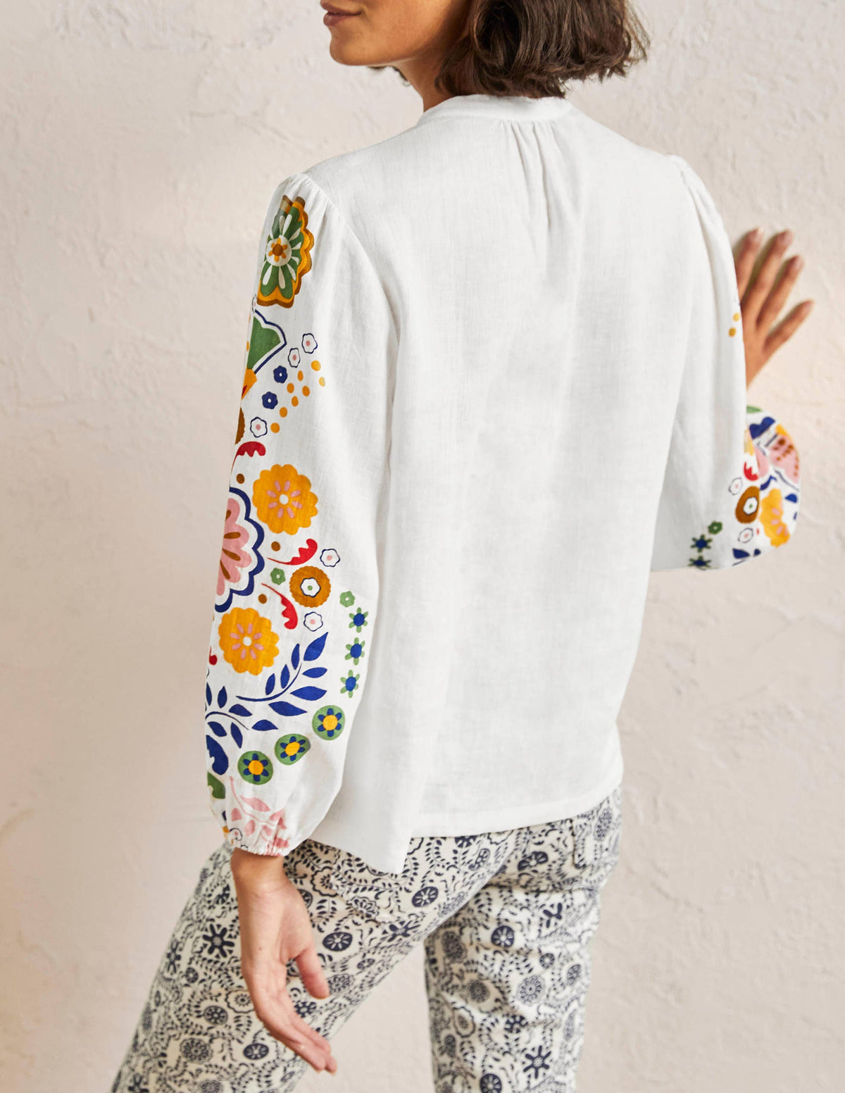 Becky Full Sleeve Linen Blouse-Ivory, Opulent Garden - Image 3
