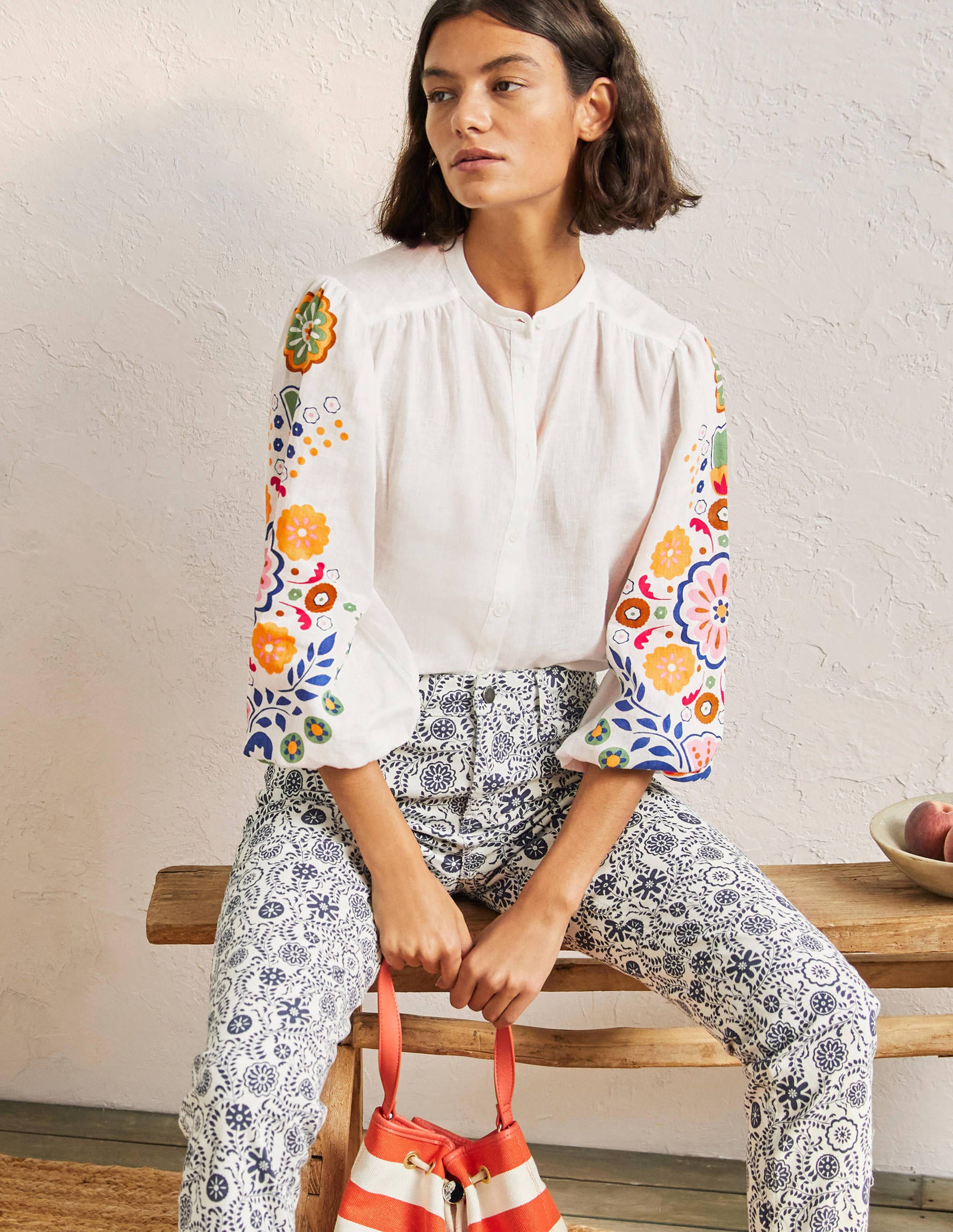 Becky Full Sleeve Linen Blouse-Ivory, Opulent Garden - Image 4