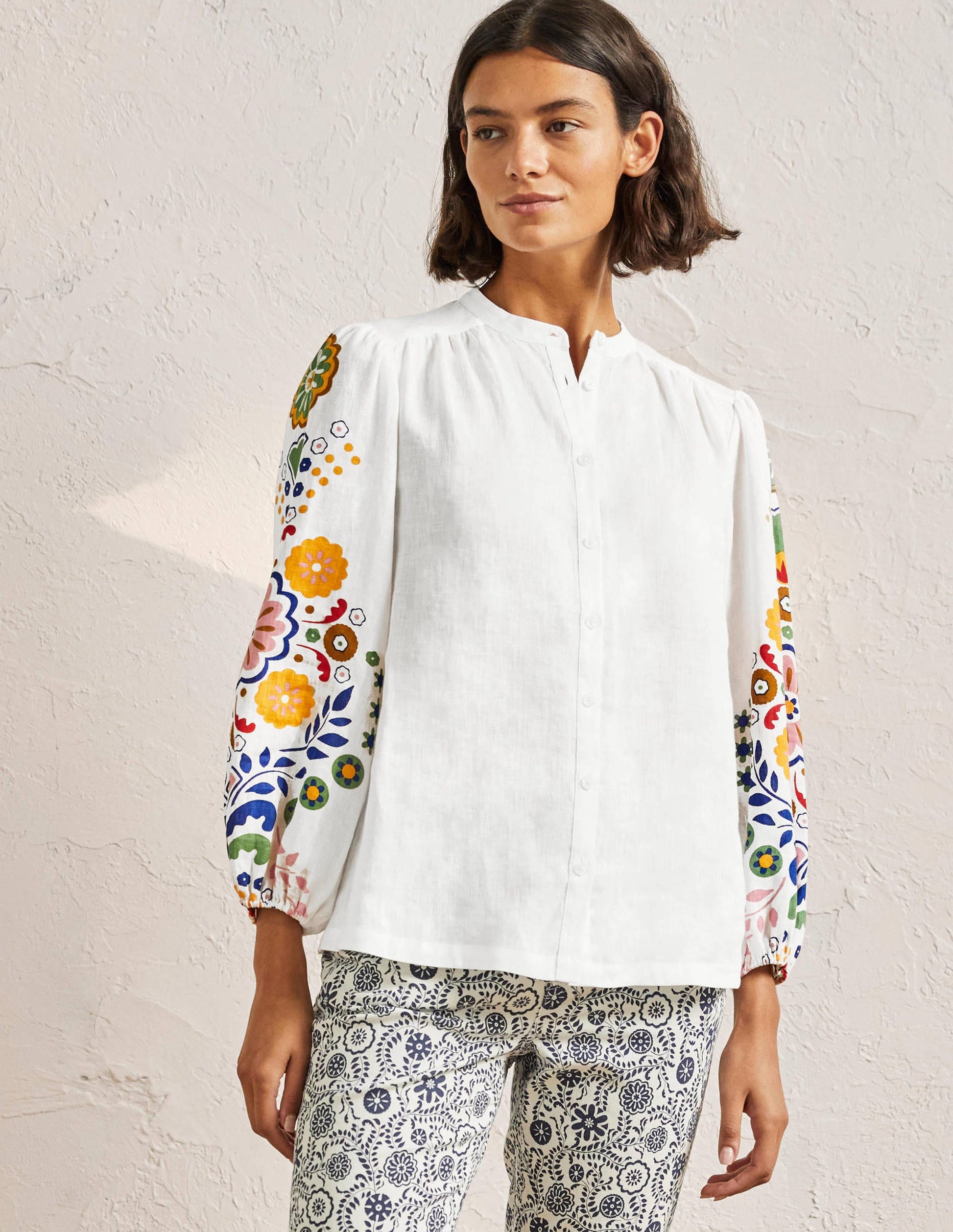 Becky Full Sleeve Linen Blouse-Ivory, Opulent Garden-5