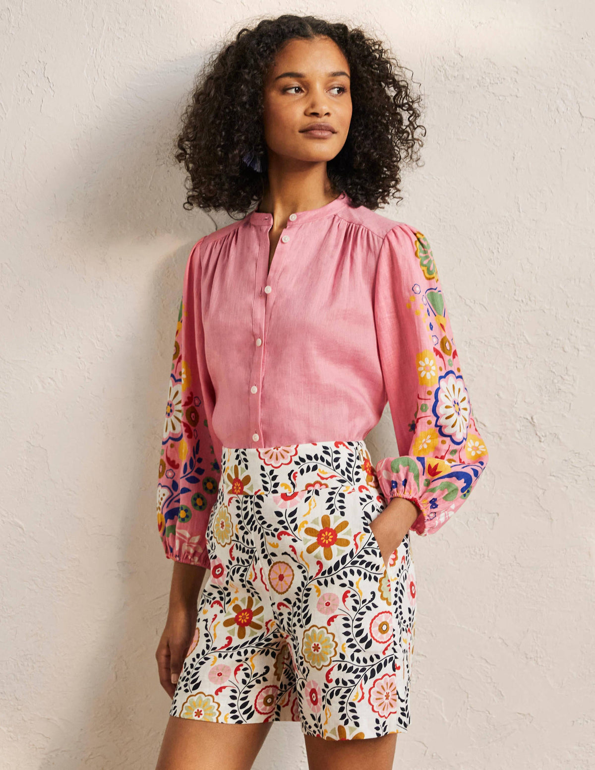 Becky Full Sleeve Linen Blouse-Formica Pink, Opulent Garden - Image 1