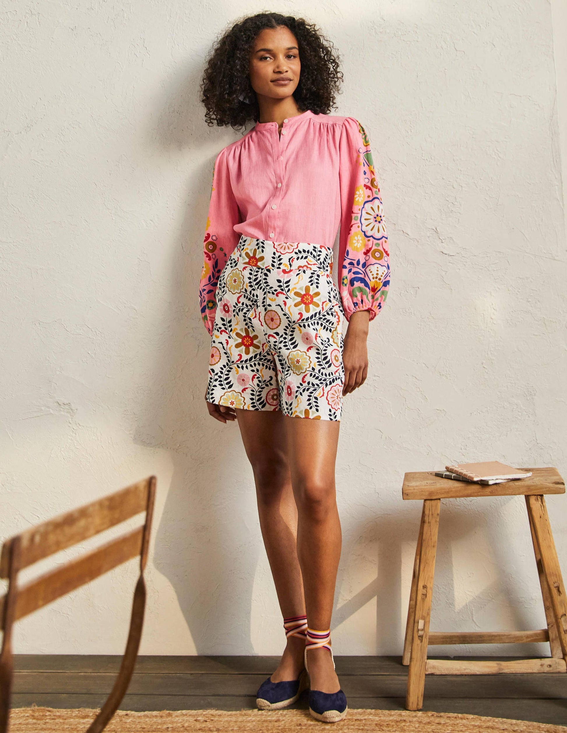 Becky Full Sleeve Linen Blouse-Formica Pink, Opulent Garden-4