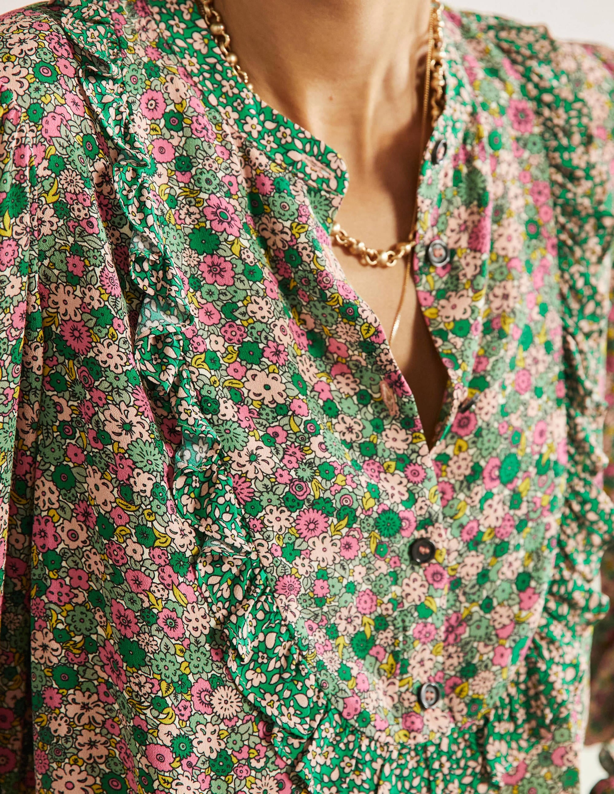 Frilly Printed Popover Blouse-Highland Green, Floret Cluster - Image 2