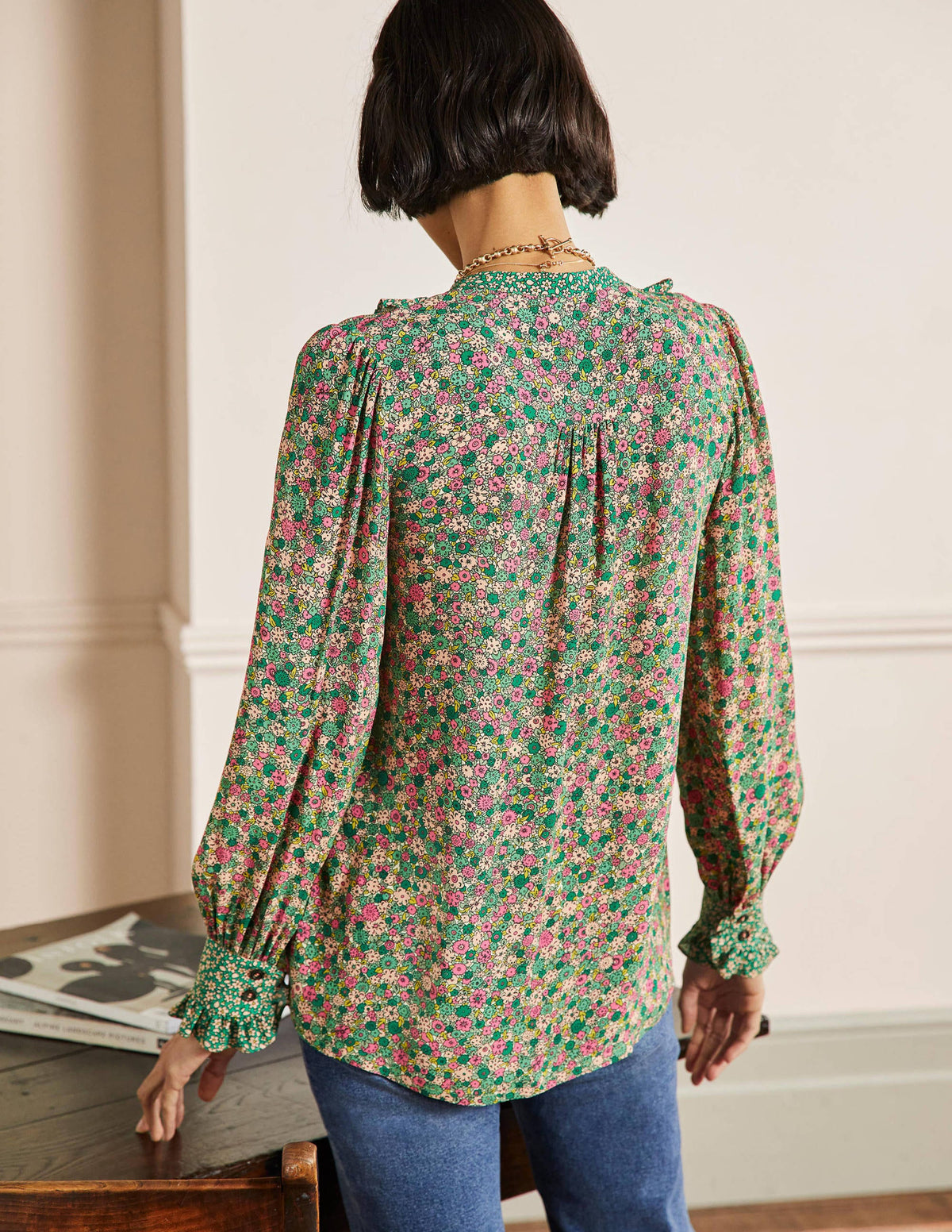 Frilly Printed Popover Blouse-Highland Green, Floret Cluster - Image 3