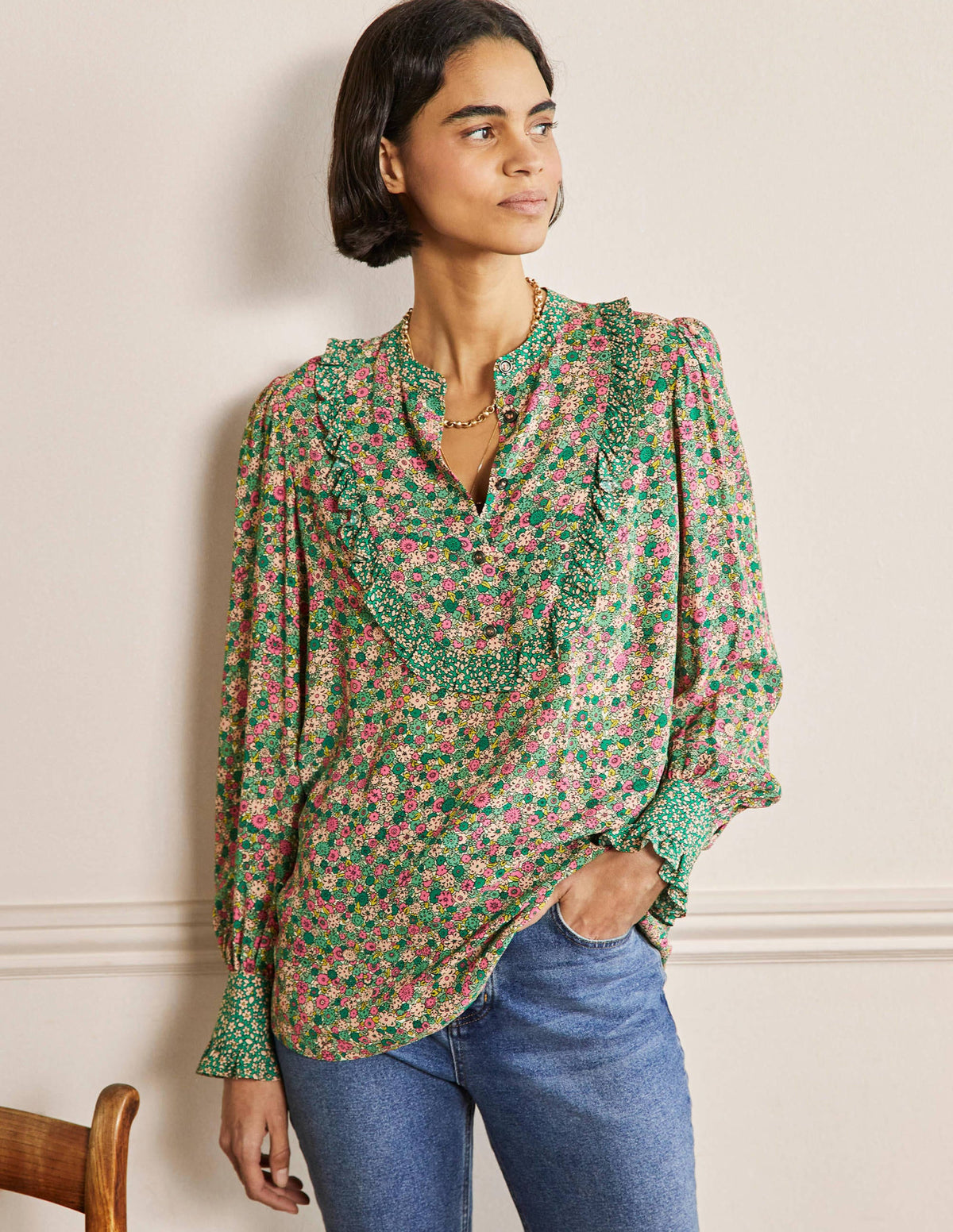 Frilly Printed Popover Blouse-Highland Green, Floret Cluster-4