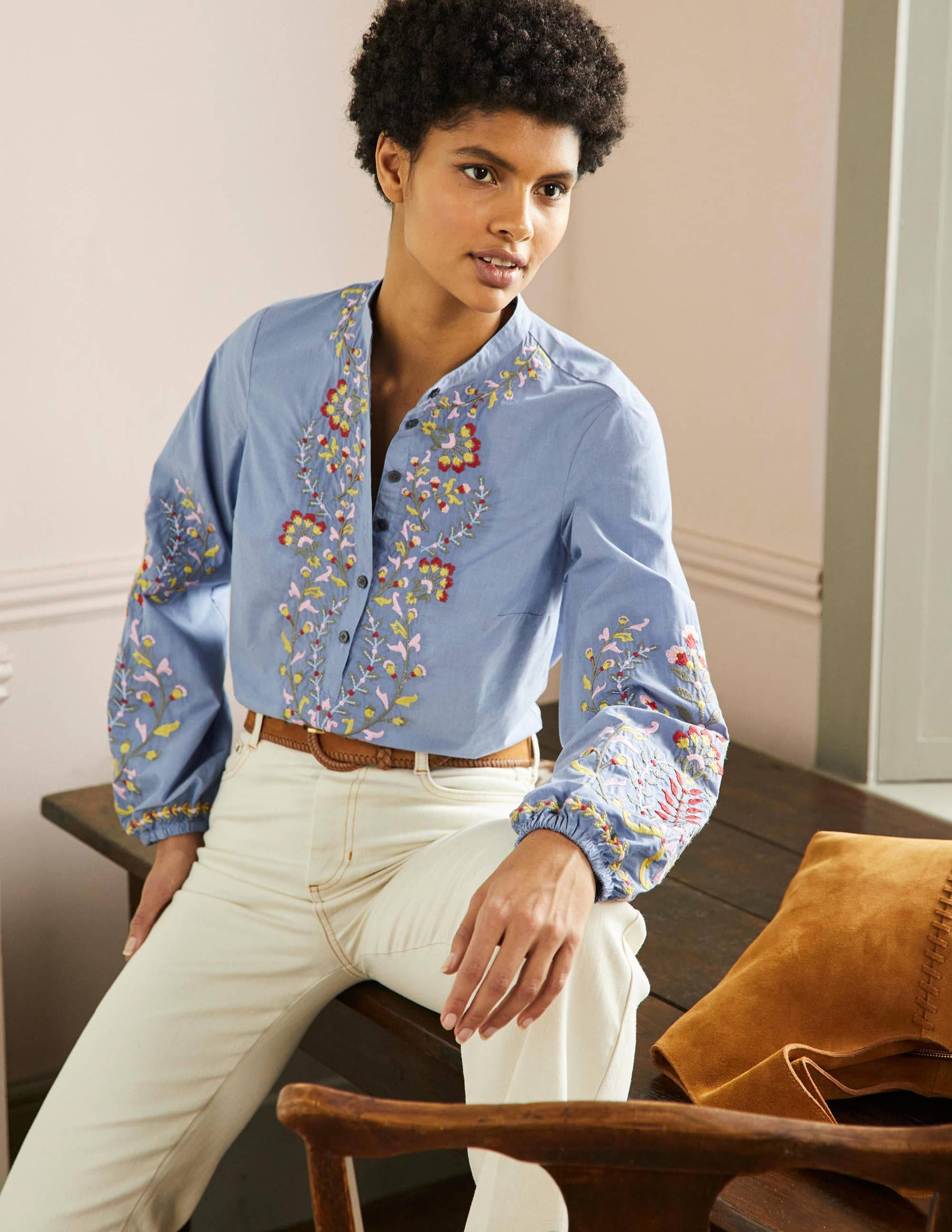 Embroidered Popover Blouse-Chambray-1