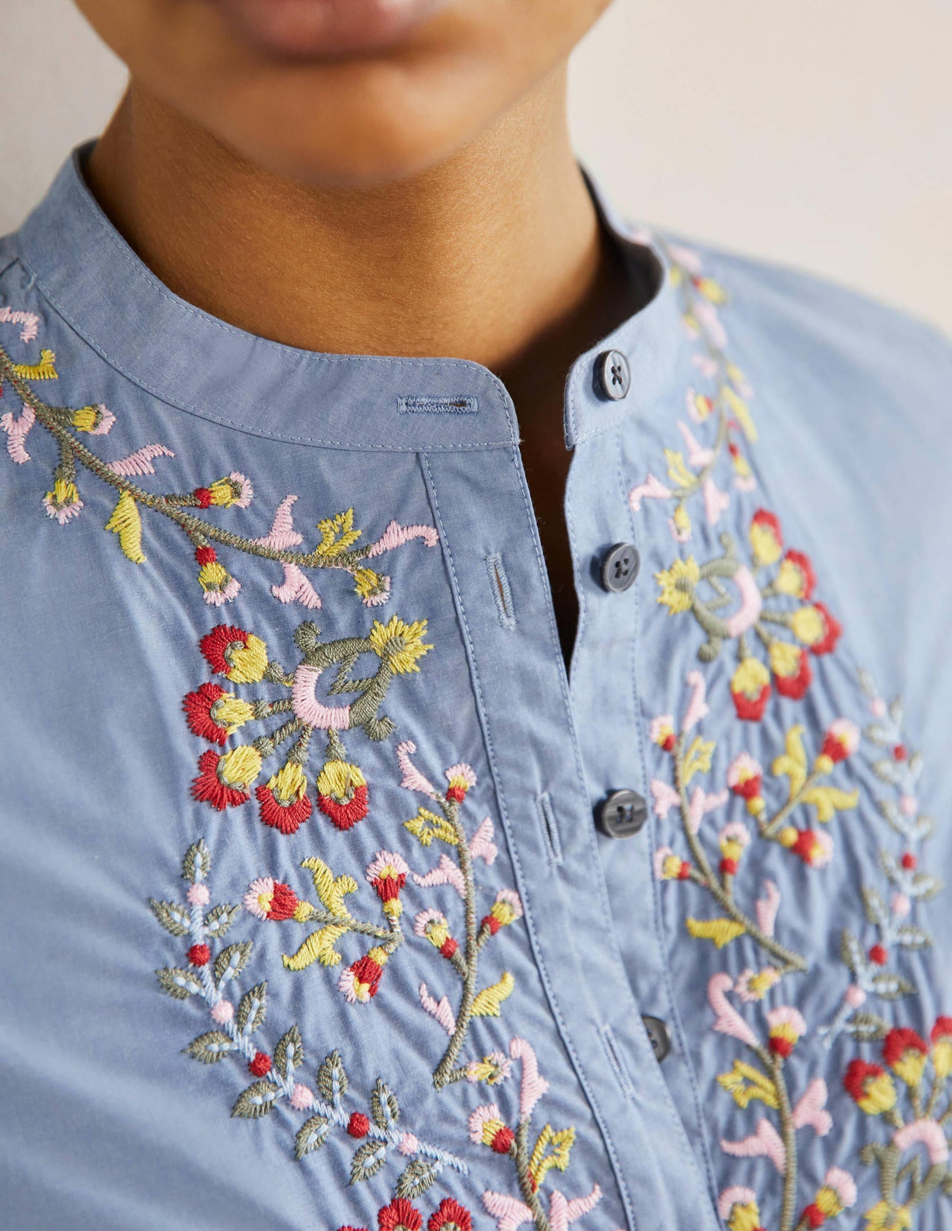 Embroidered Popover Blouse-Chambray-2