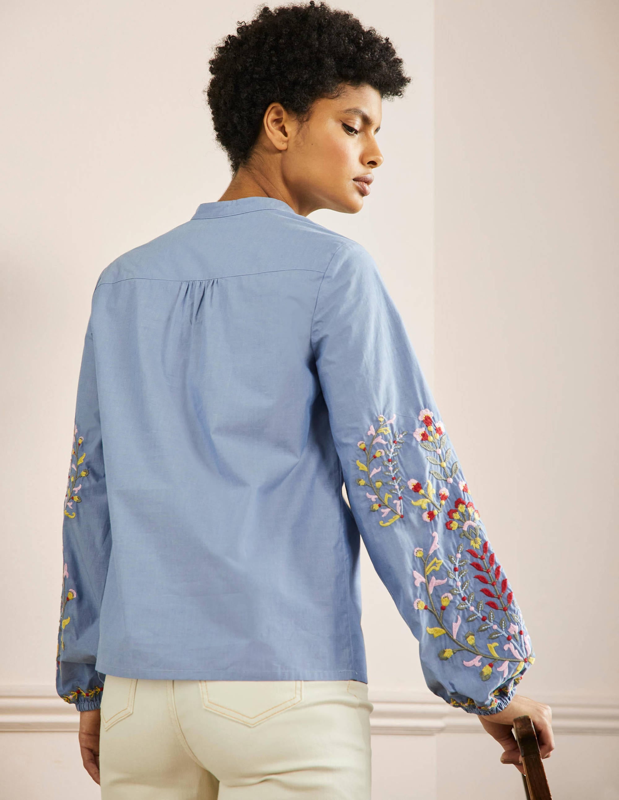 Embroidered Popover Blouse-Chambray - Image 3