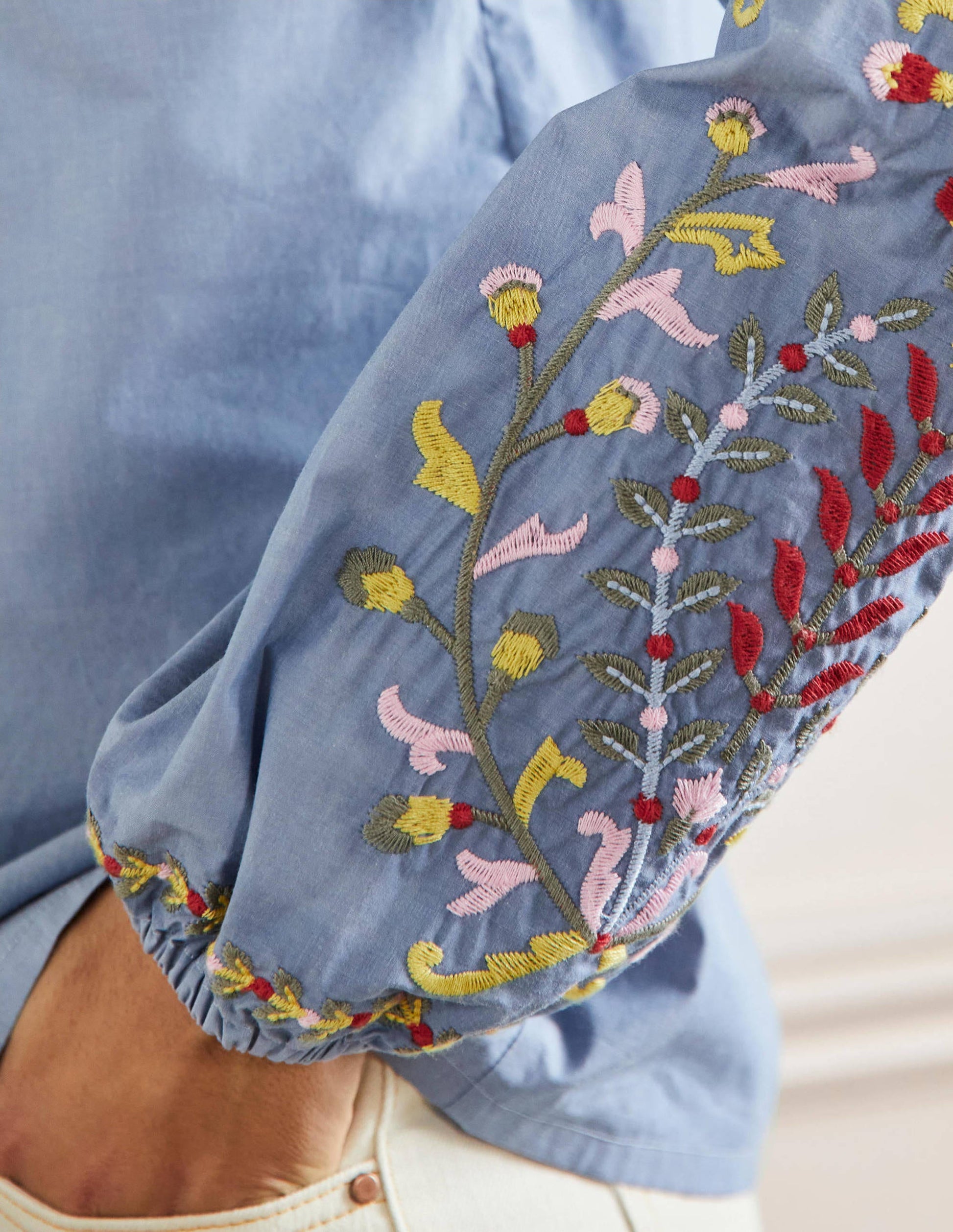 Embroidered Popover Blouse-Chambray-4