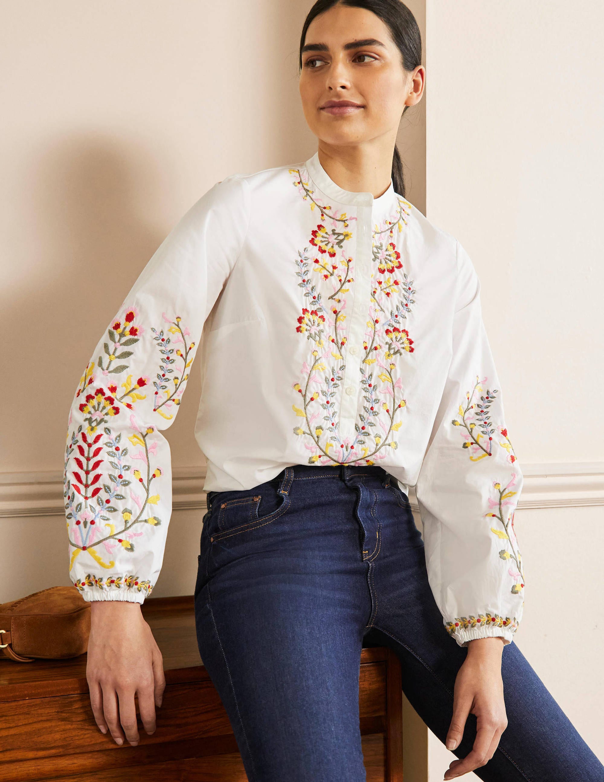 Embroidered Popover Blouse-White - Image 1