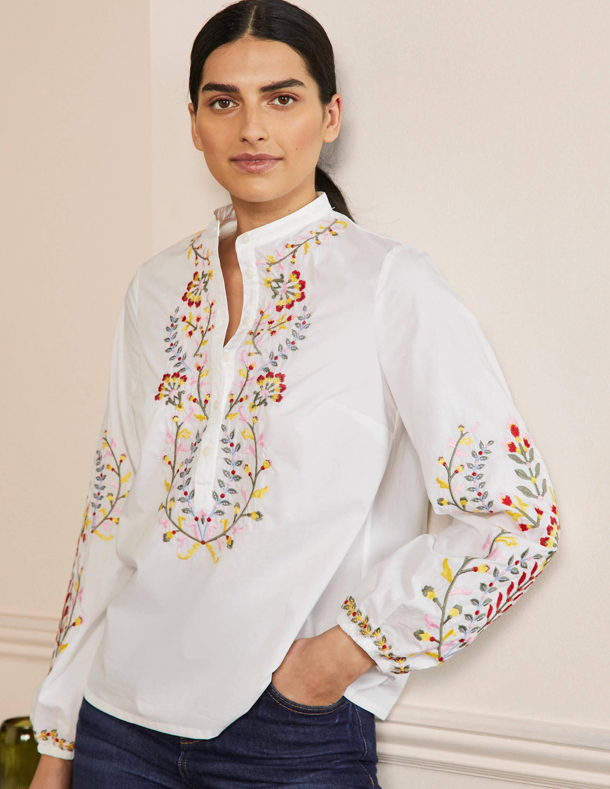 Embroidered Popover Blouse-White - Image 4