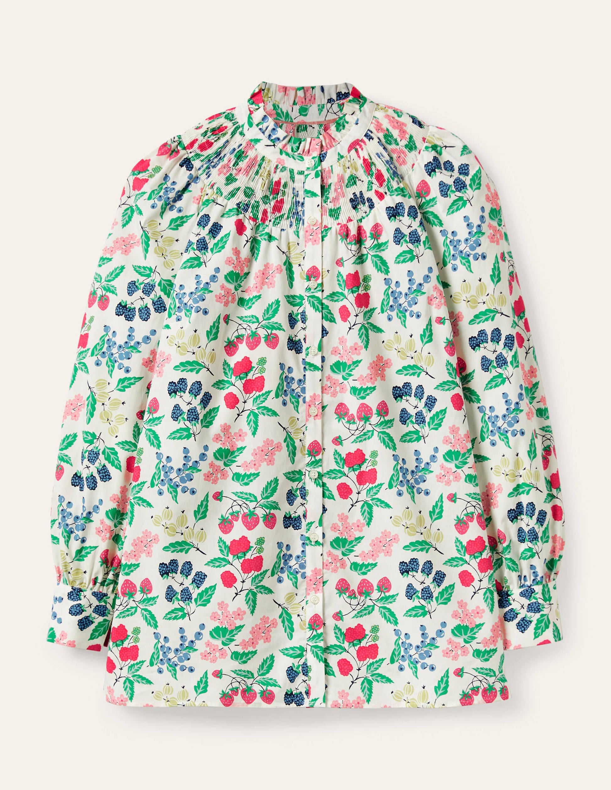 Curved Yoke Smocked Shirt-Ivory, Fruit Vine-5