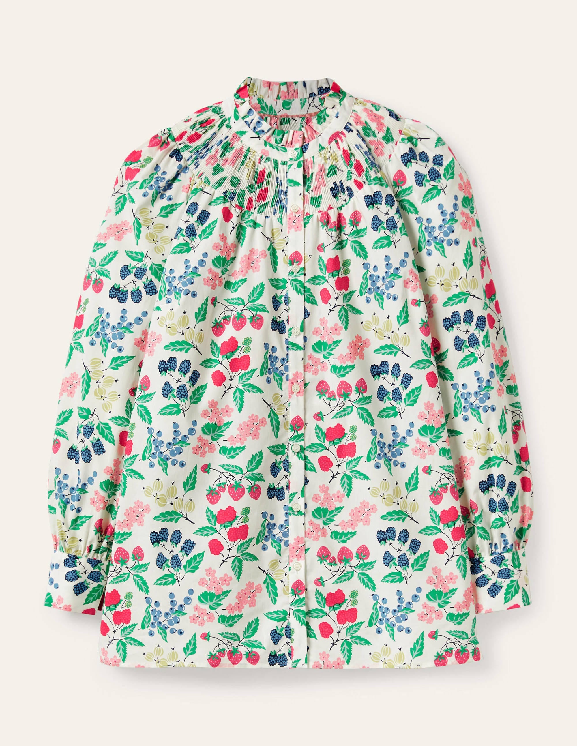 Curved Yoke Smocked Shirt-Ivory, Fruit Vine - Image 5
