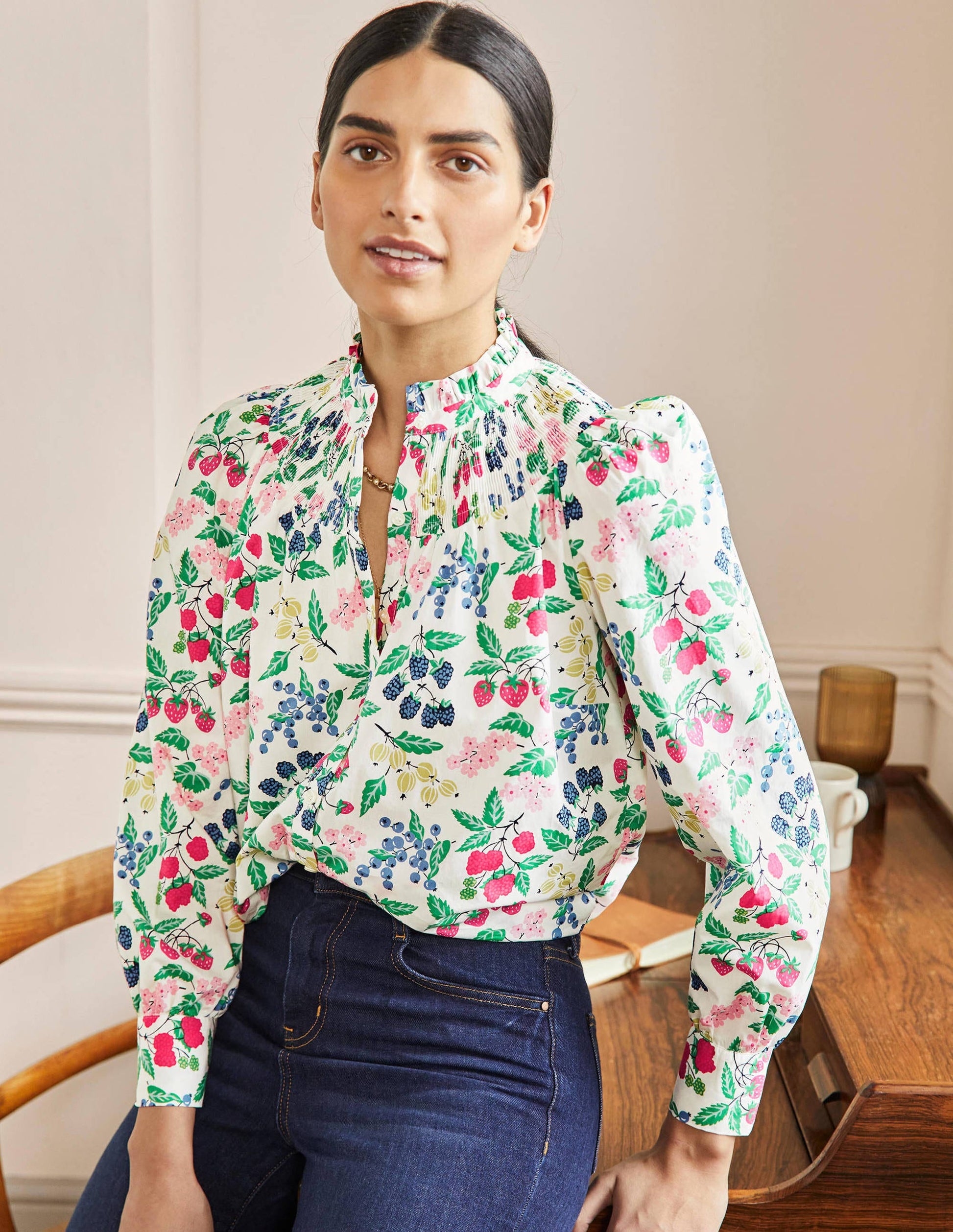 Curved Yoke Smocked Shirt-Ivory, Fruit Vine-1