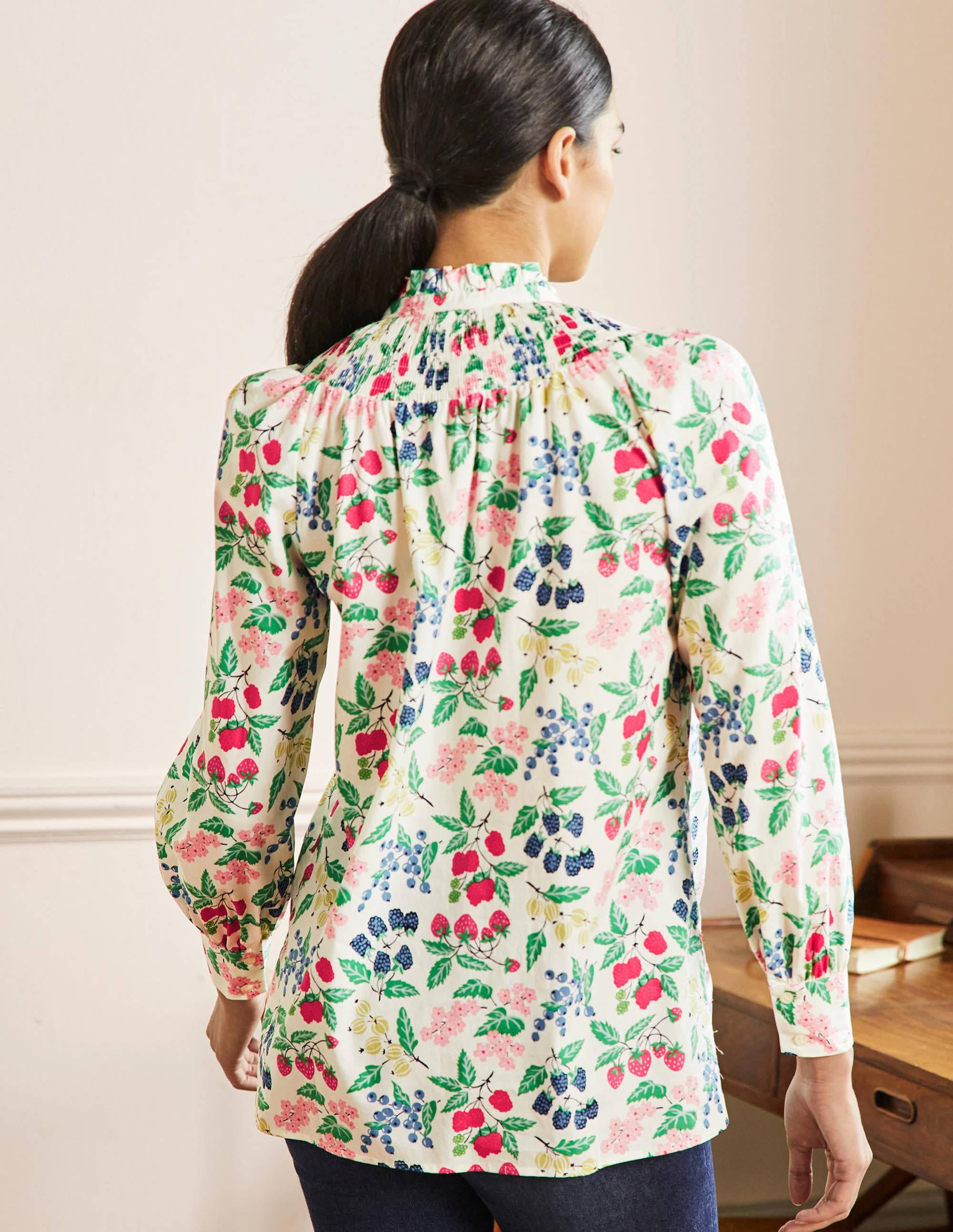 Curved Yoke Smocked Shirt-Ivory, Fruit Vine - Image 3