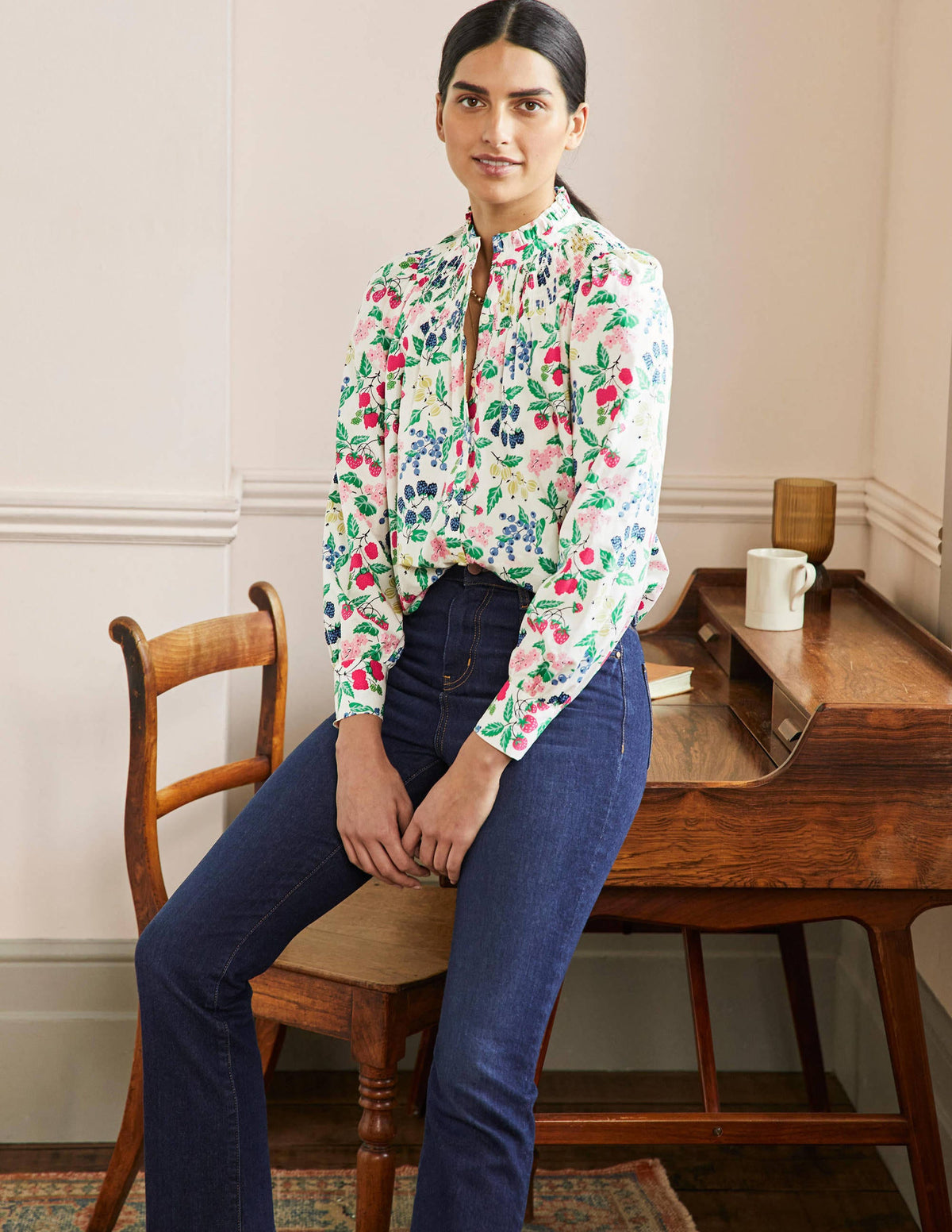 Curved Yoke Smocked Shirt-Ivory, Fruit Vine - Image 4