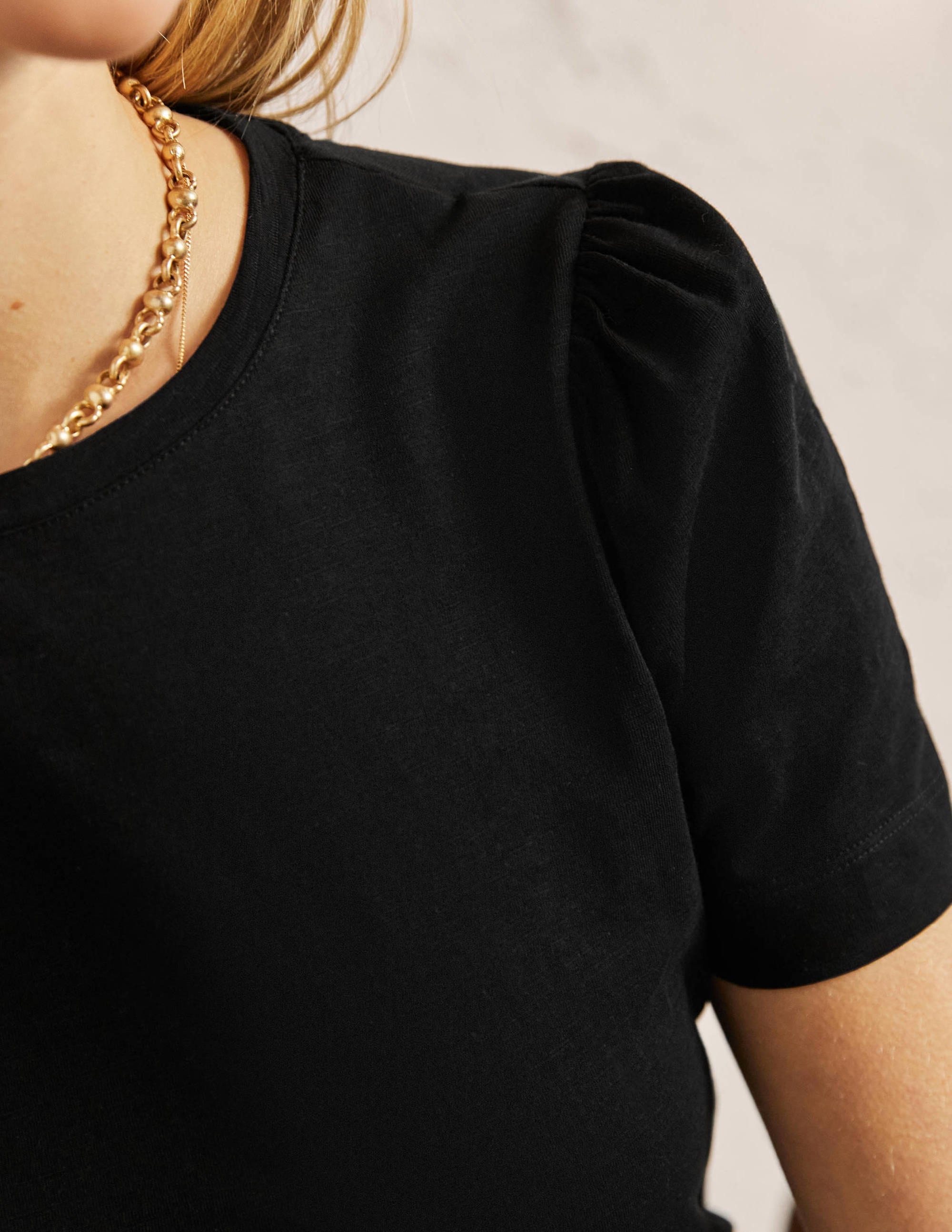 Puff Sleeve Cotton T-Shirt-Black - Image 2
