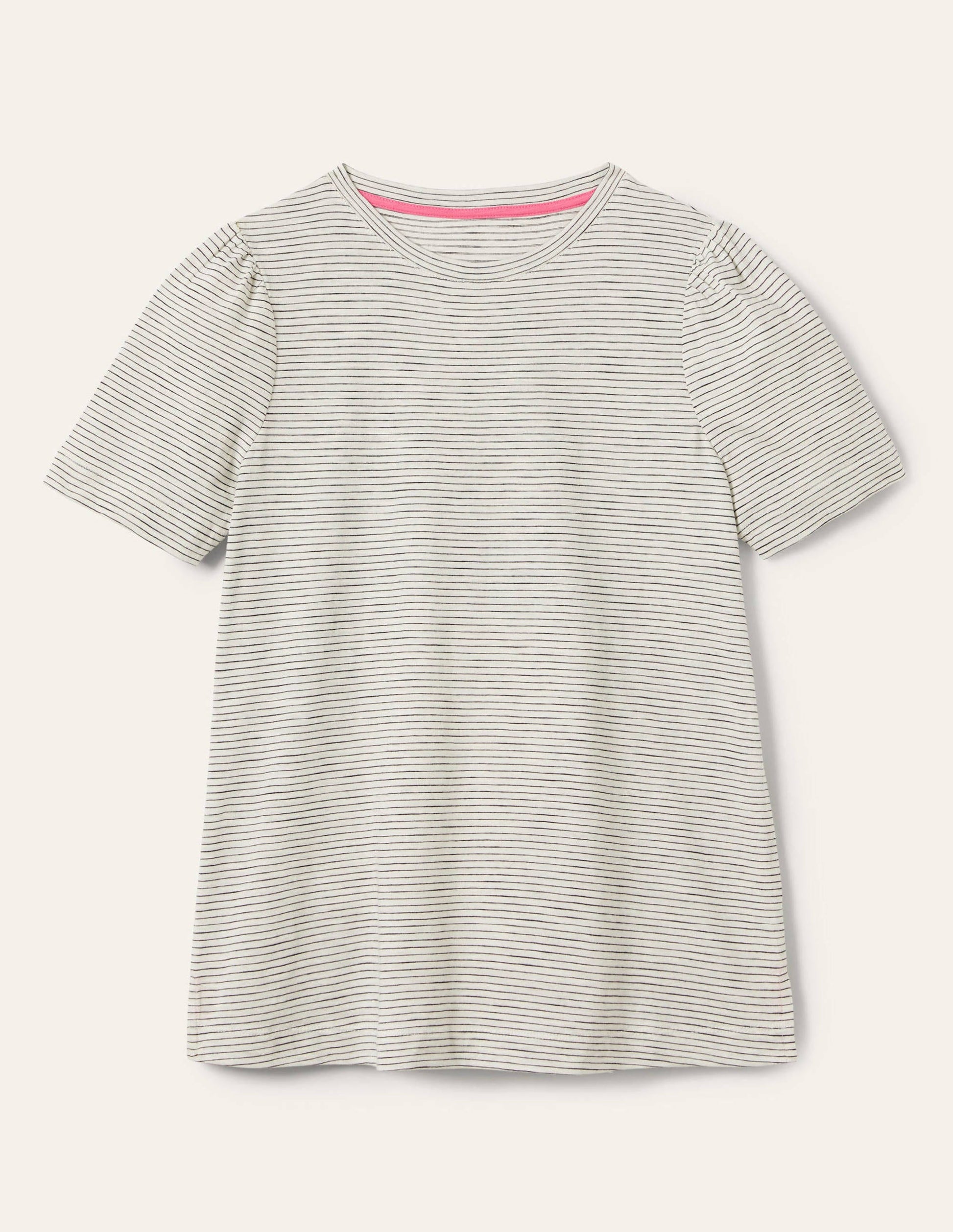 Puff Sleeve Cotton T-Shirt-Ivory / Navy Stripe-5