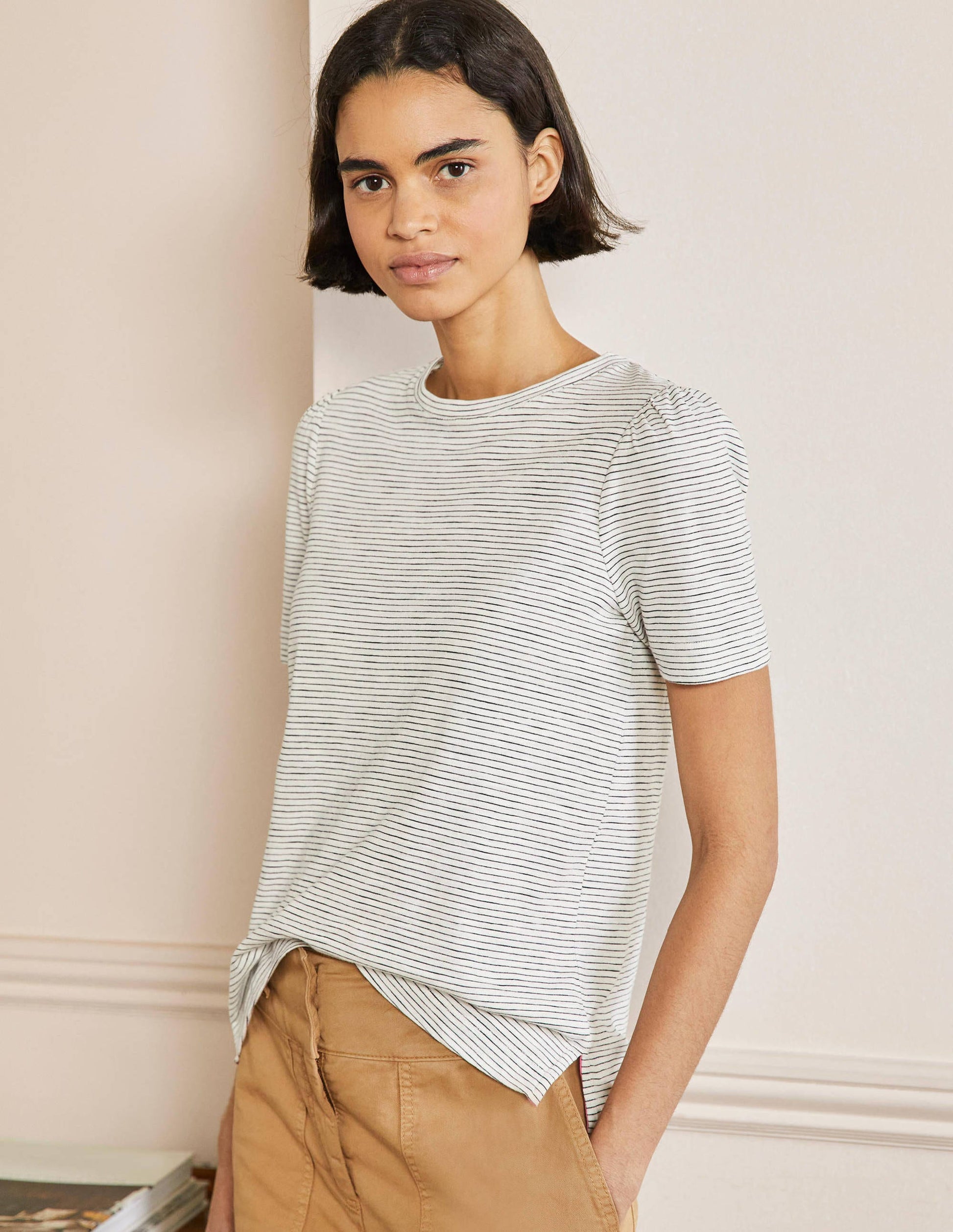 Puff Sleeve Cotton T-Shirt-Ivory / Navy Stripe-1