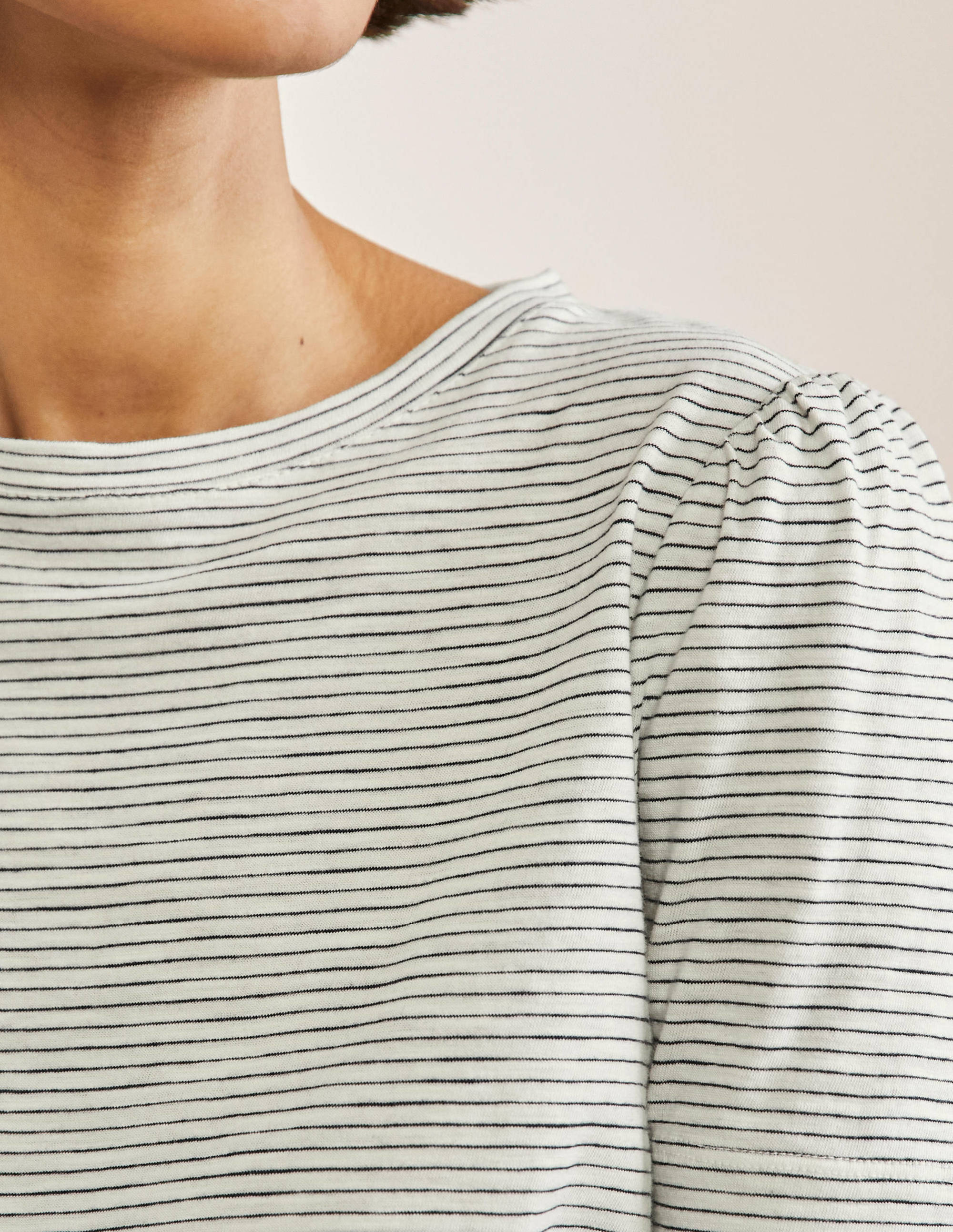 Puff Sleeve Cotton T-Shirt-Ivory / Navy Stripe - Image 2