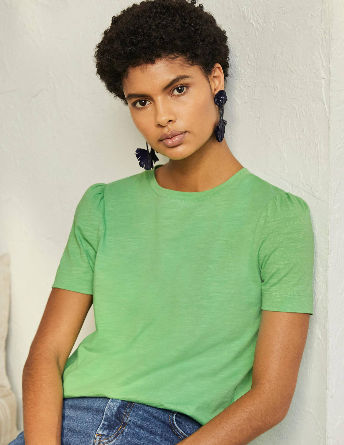 Puff Sleeve Cotton T-Shirt-Zephyr Green - Image 1