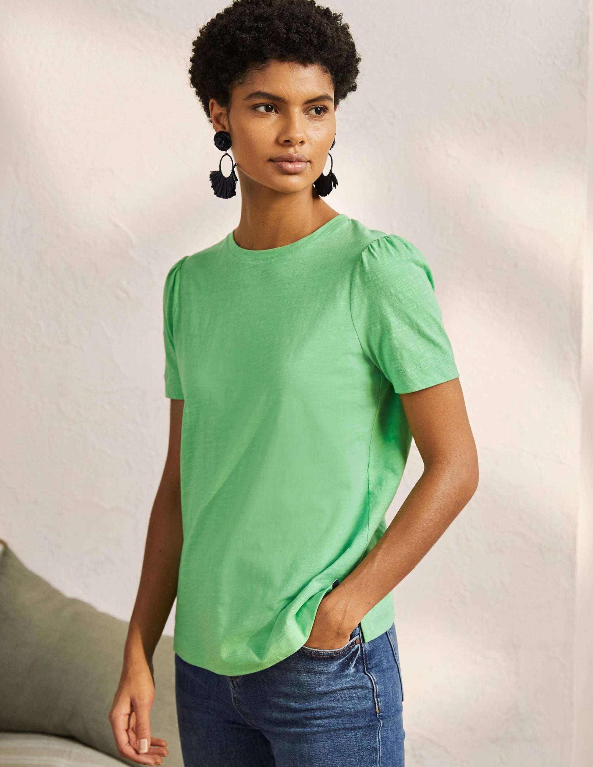 Puff Sleeve Cotton T-Shirt-Zephyr Green-4