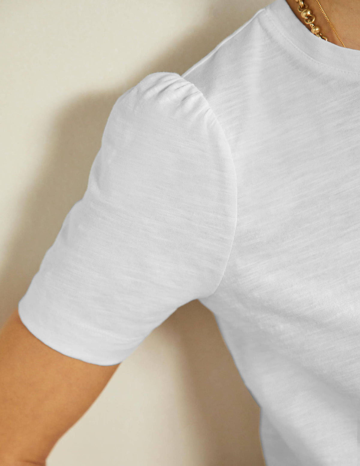 Puff Sleeve Cotton T-Shirt-White-2