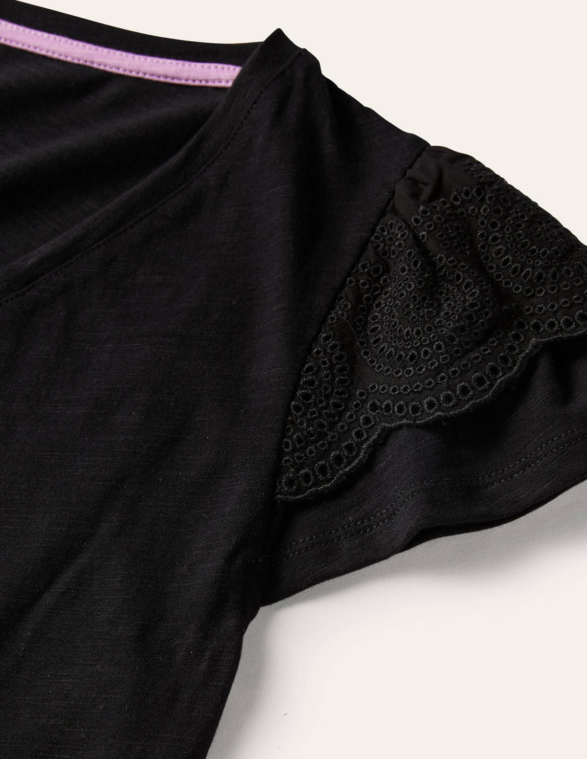 Broderie Cotton V-Neck T-Shirt-Black - Image 5