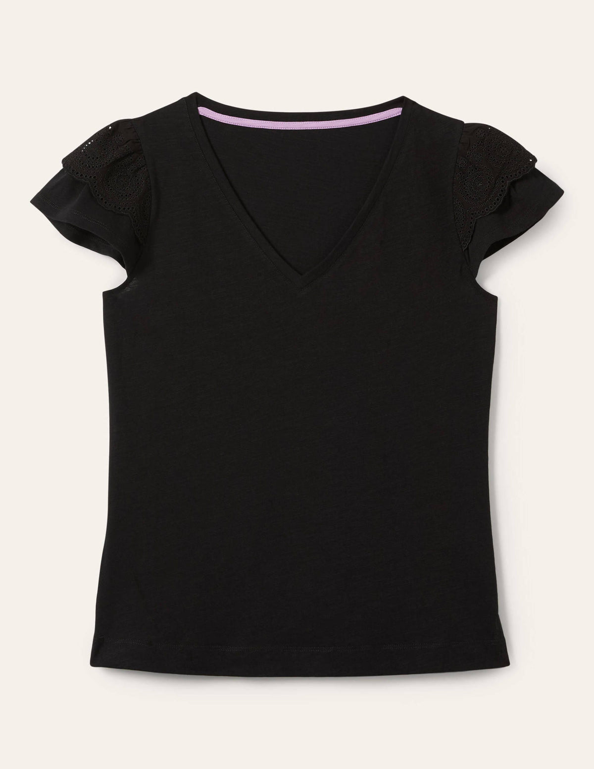 Broderie Cotton V-Neck T-Shirt-Black - Image 6