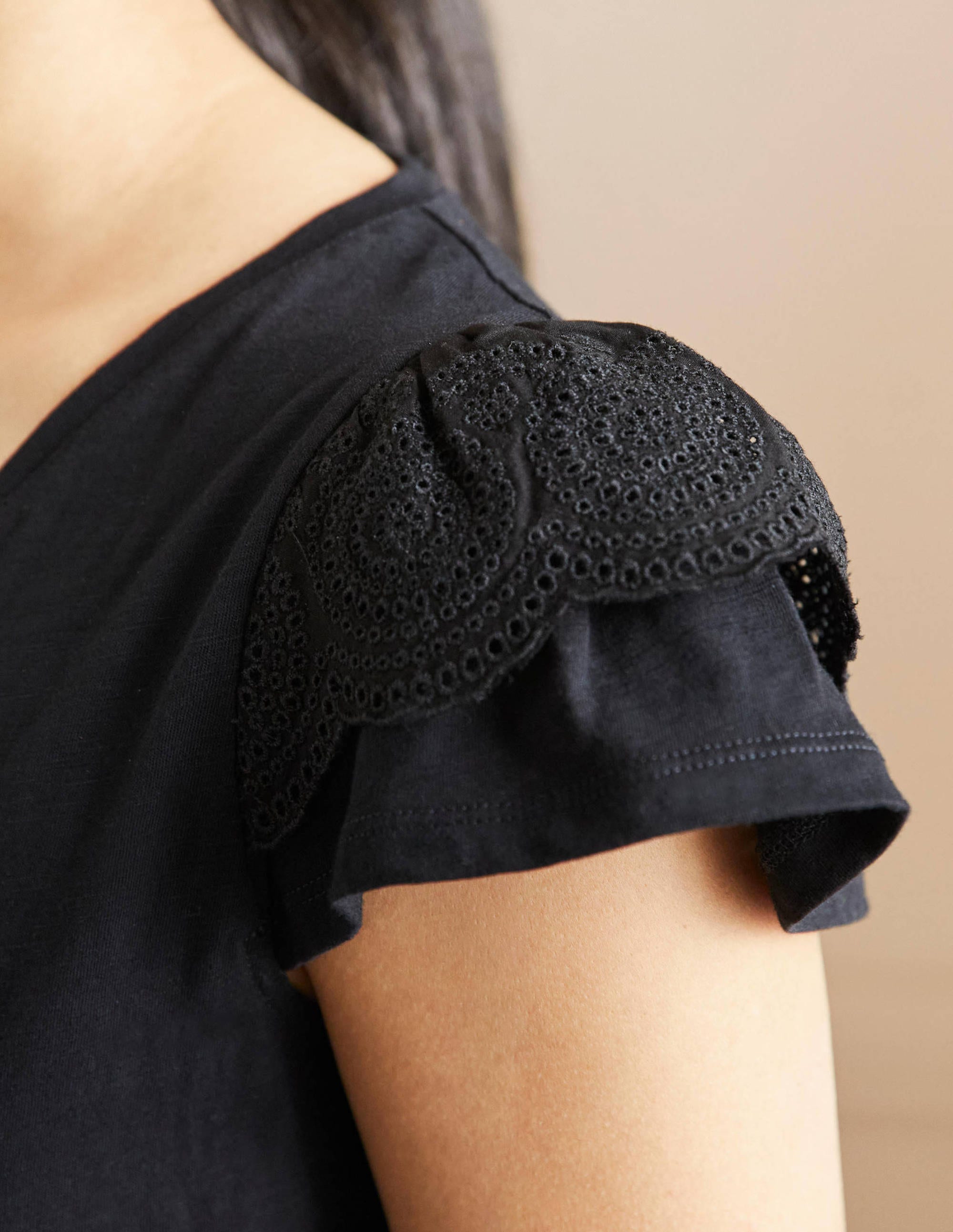 Broderie Cotton V-Neck T-Shirt-Black - Image 2