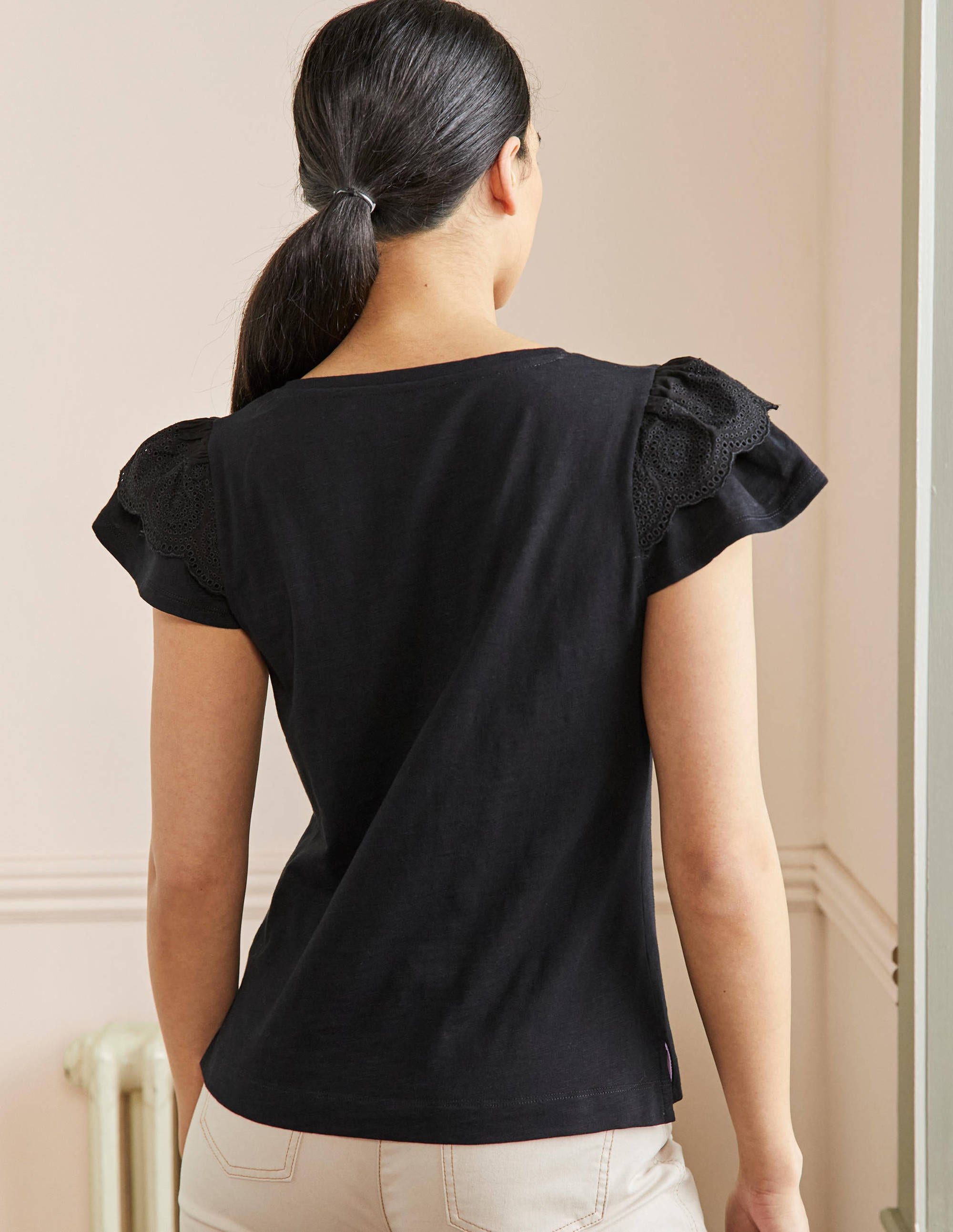 Broderie Cotton V-Neck T-Shirt-Black - Image 3