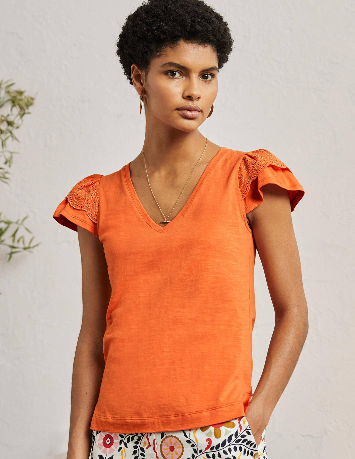 Broderie Cotton V-Neck T-Shirt-Dusty Orange - Image 1