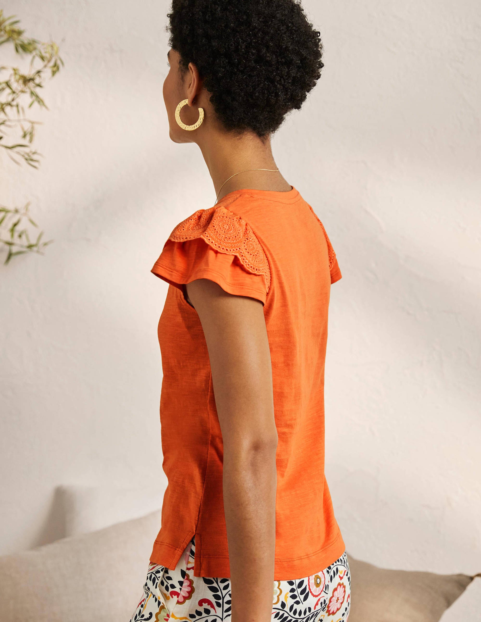 Broderie Cotton V-Neck T-Shirt-Dusty Orange - Image 3