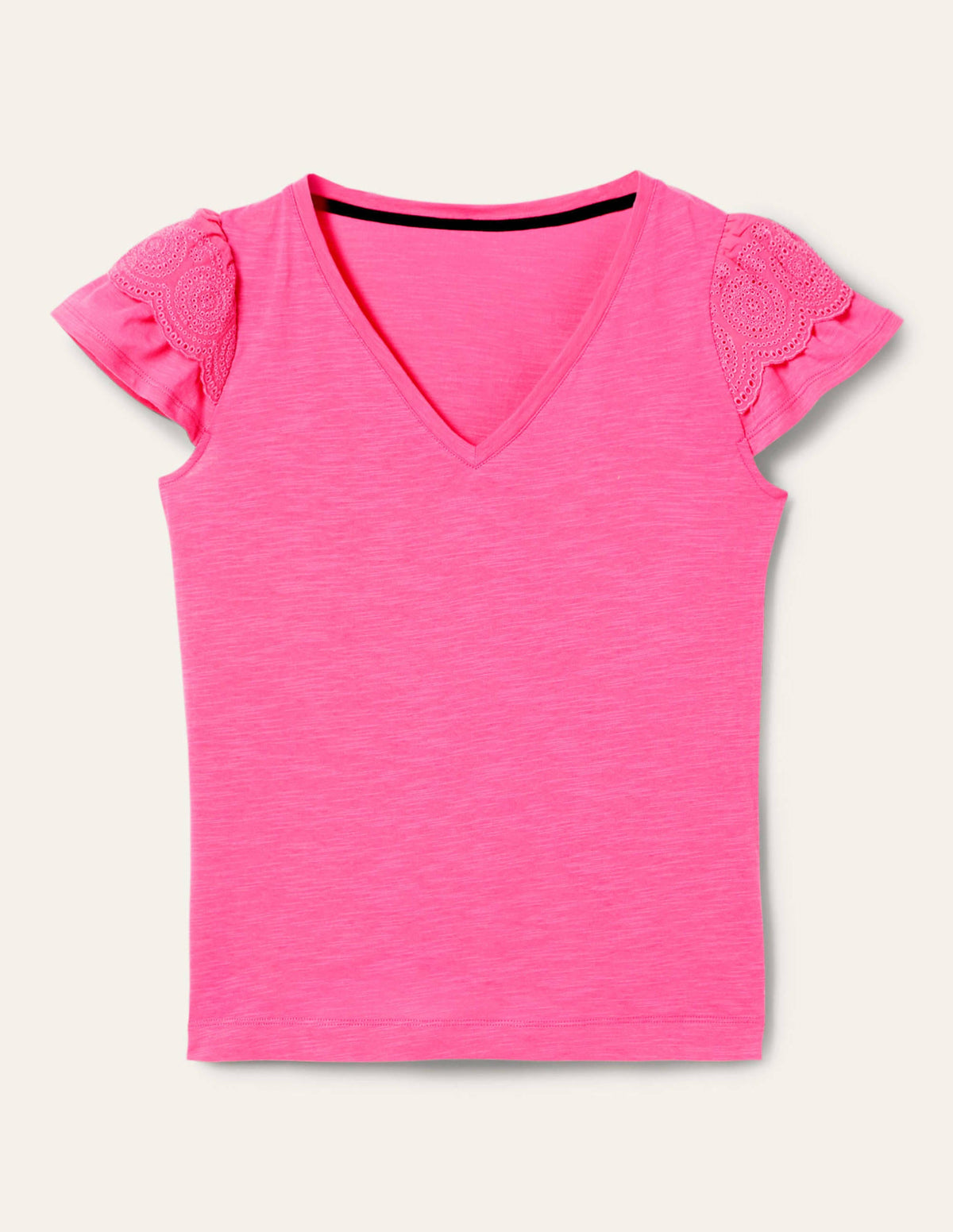 Broderie Cotton V-Neck T-Shirt-Festival Pink - Image 5