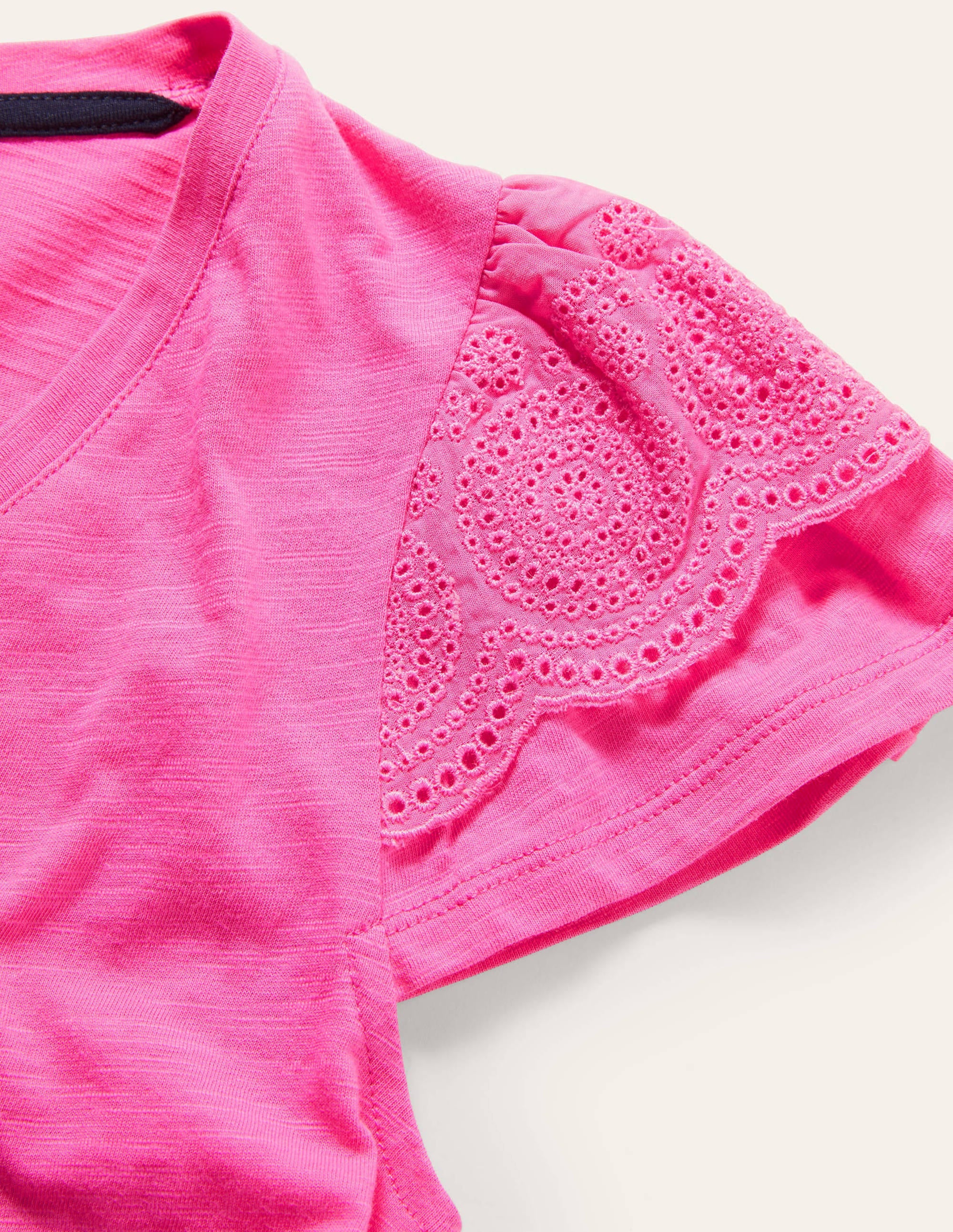 Broderie Cotton V-Neck T-Shirt-Festival Pink - Image 6