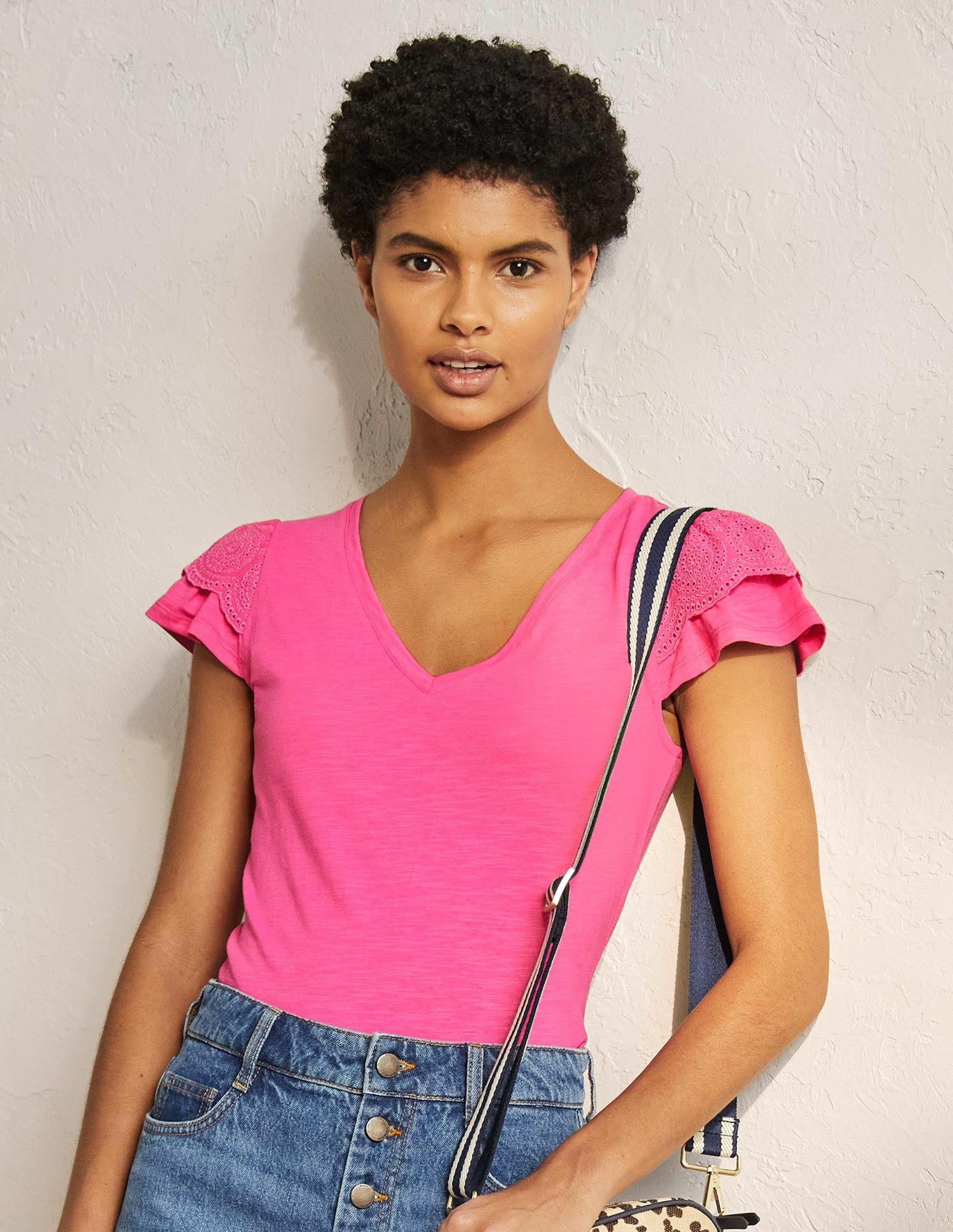 Broderie Cotton V-Neck T-Shirt-Festival Pink - Image 1