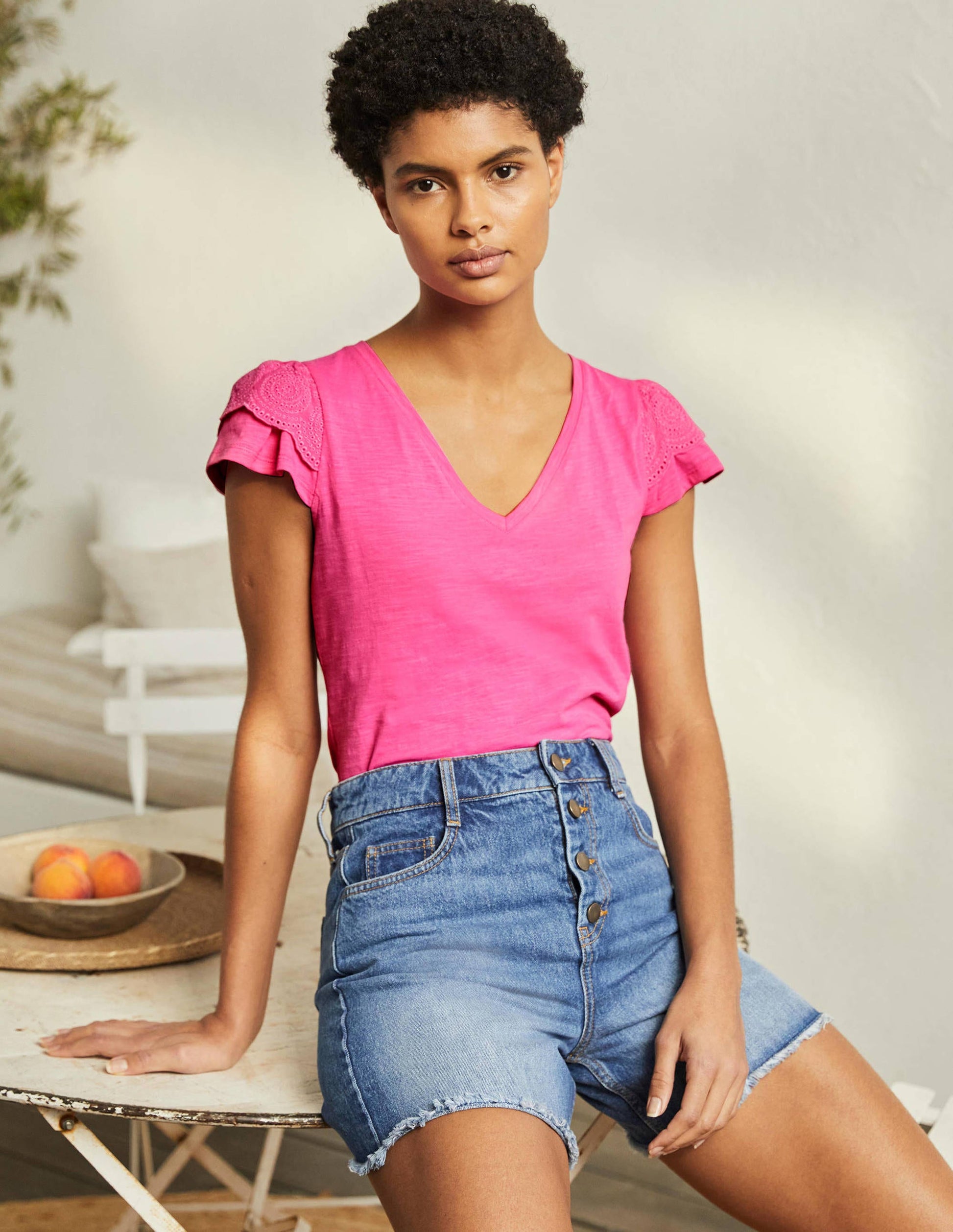 Broderie Cotton V-Neck T-Shirt-Festival Pink-4